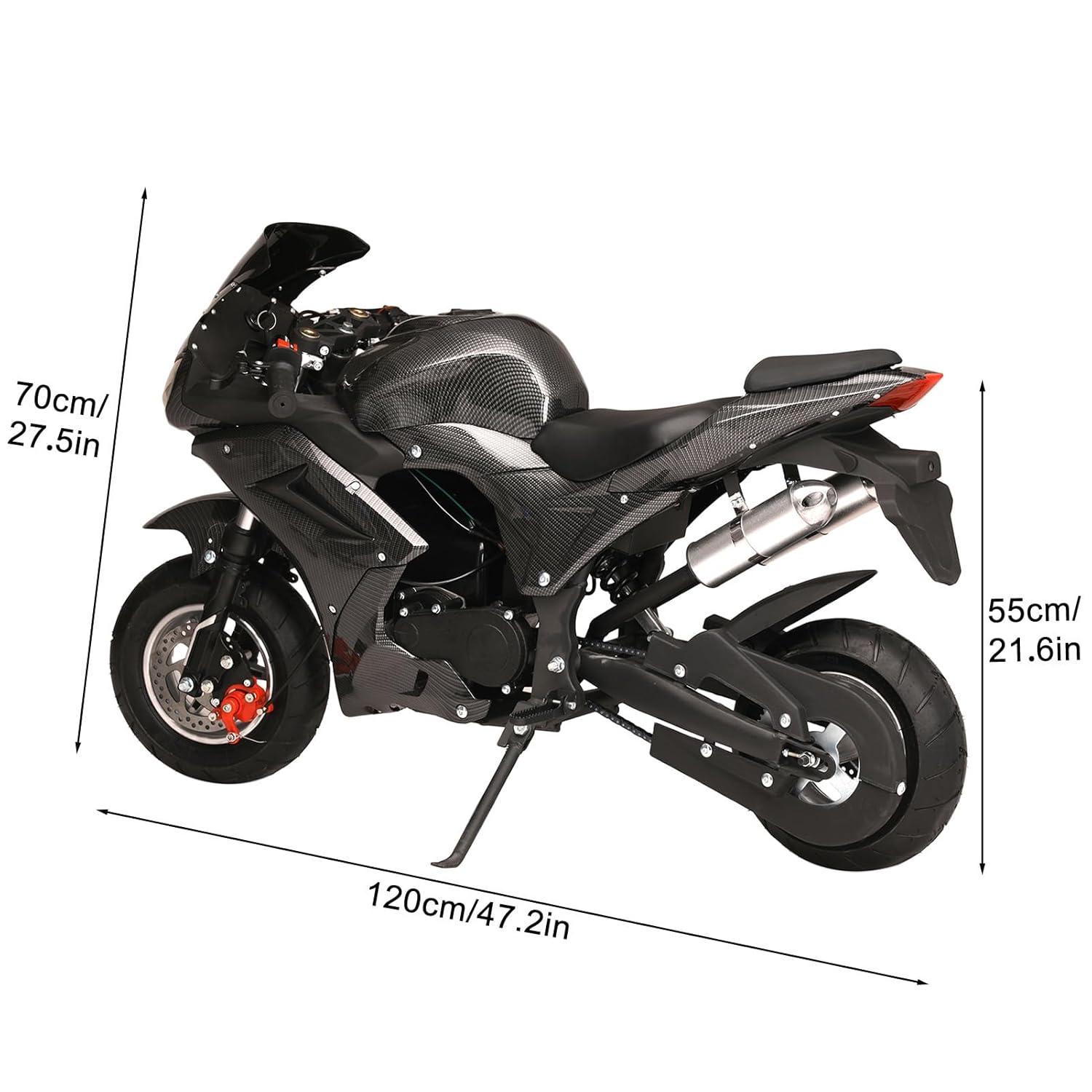 Mini Pocket Bike Motorcycle 49cc 4-Stroke Gas Bike Motorbike with Front Rear Disc Brakes, Gas Pocket Motorbike Racing Max Speed 25MPH, Dual Headlights Black