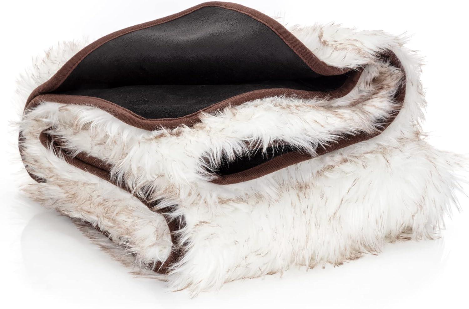 Medium Faux Fur Waterproof Throw Blanket in Brown and White