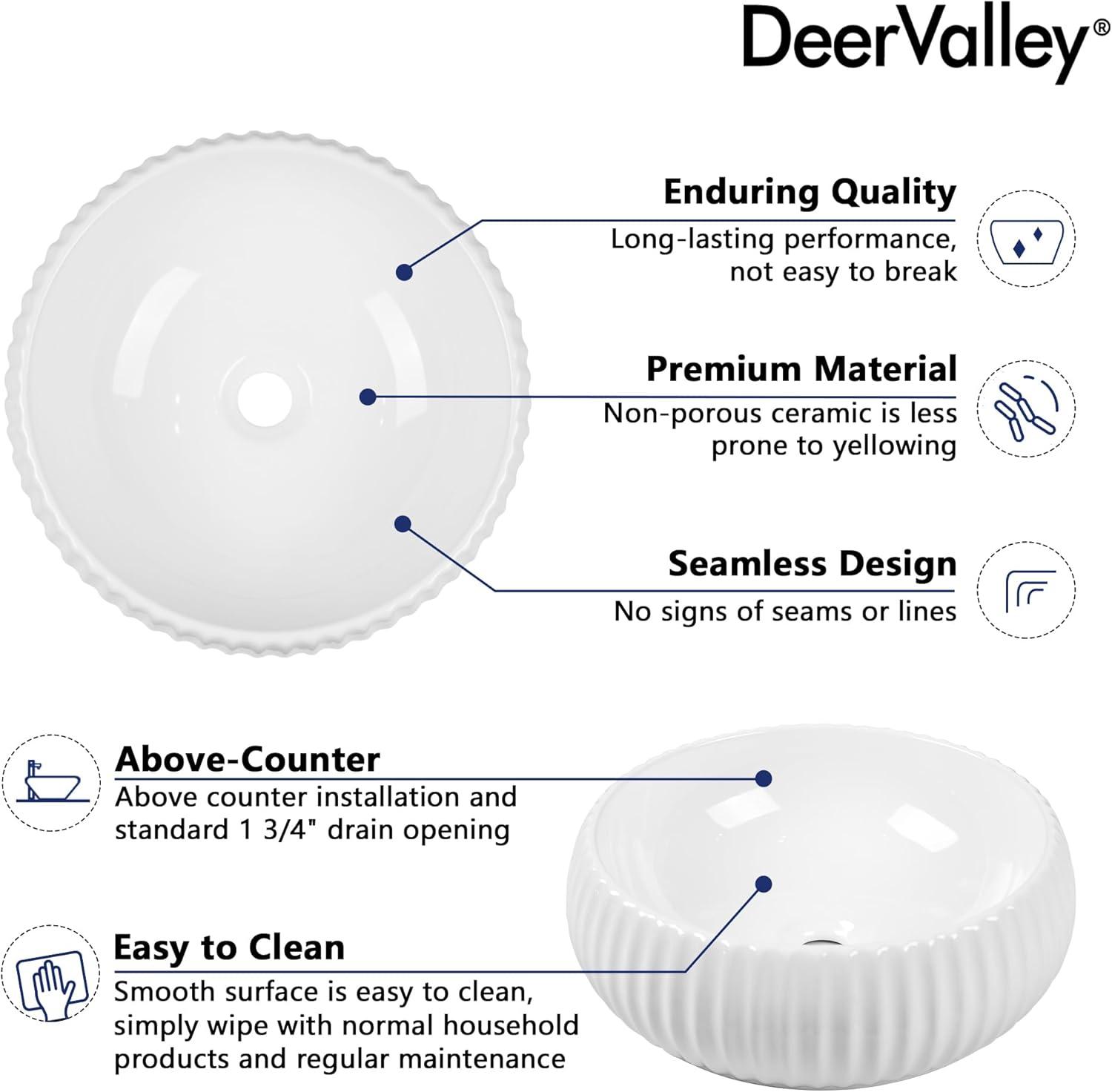 DeerValley 16" x 5'' Bathroom Sink,White Ceramic Circular Vessel Sink,Vitreous China Vessel Bathroom Sink with Fluted Sides and Overflow