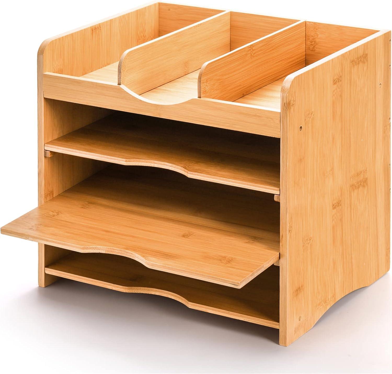 Hokku Designs Bamboo Desk File Organizer,Document Letter Tray Sorter With 2 Adjustable Shelves, 4 Tier Mail Organizer Countertop