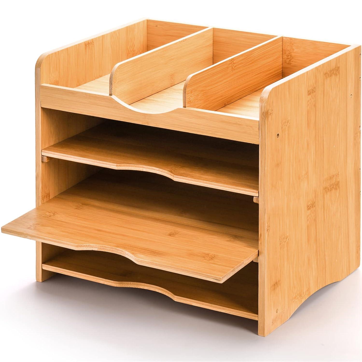 Hokku Designs Bamboo Desk File Organizer,Document Letter Tray Sorter With 2 Adjustable Shelves, 4 Tier Mail Organizer Countertop