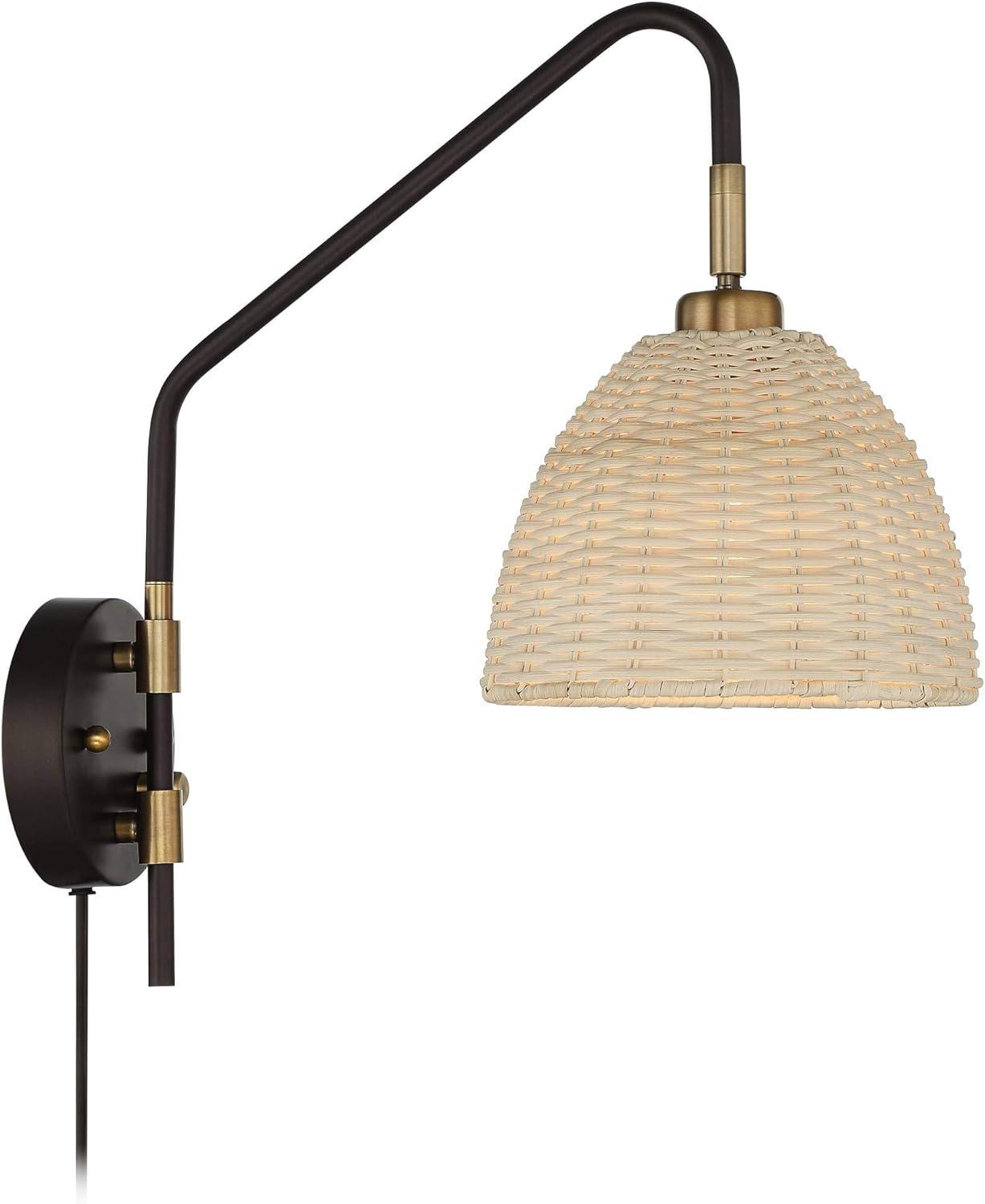 Coastal Swing Arm Adjustable Wall Lamp in Deep Bronze and Brass with Rattan Shade