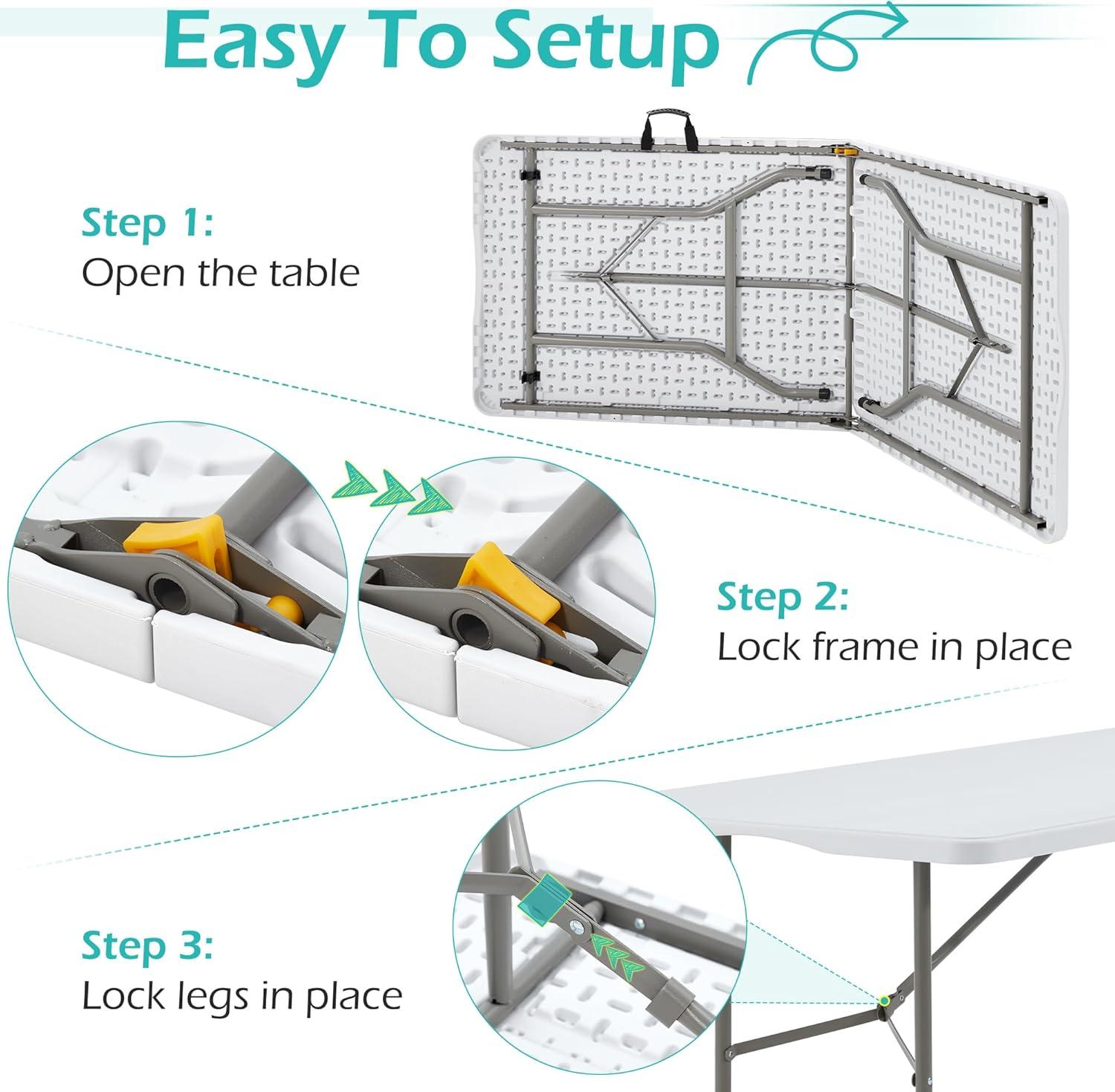 CL.HPAHKL 6 Foot Folding Table with Handle, Folding Plastic Tables Indoor Outdoor Portable Table with Collapsible Steel Legs Fold-in-Half Banquet Tables for Parties Wedding BBQ Camping, White
