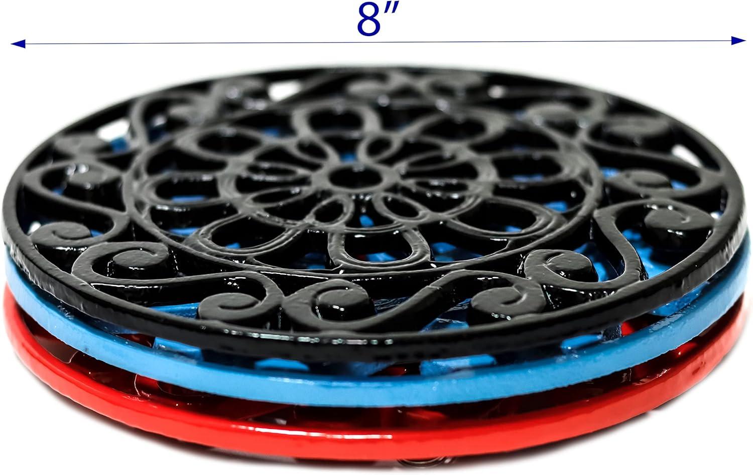 Set of 3 Round Decorative Cast Iron Trivets in Black, Red, and Blue