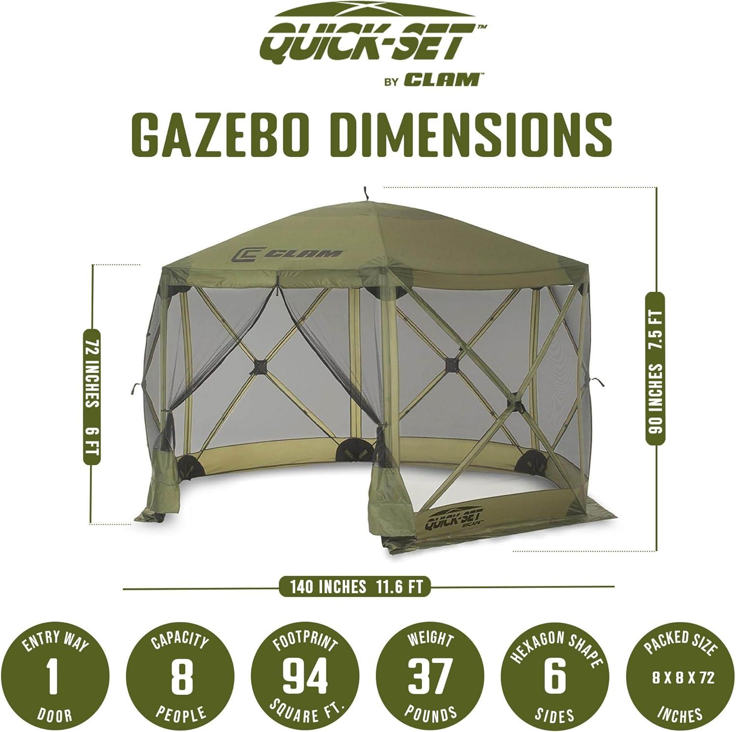 CLAM Quick-Set Escape 11.5 x 11.5 Ft Portable Pop-Up Outdoor Camping Screen Tent 6-Sided Canopy Shelter w/ Carry Bag & 6 Sun and Wind Panels, Green