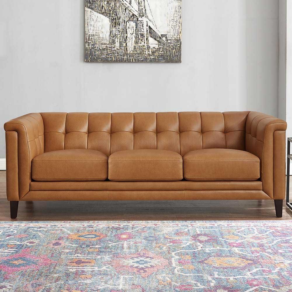 Arvo 84" Silver Gray Tufted Leather Sofa with Wood Legs