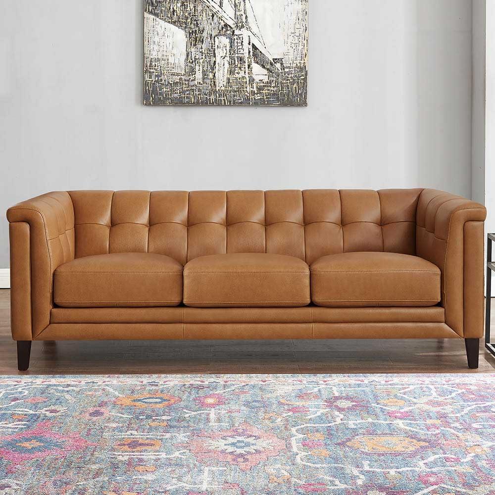 Arvo 84" Silver Gray Tufted Leather Sofa with Wood Legs