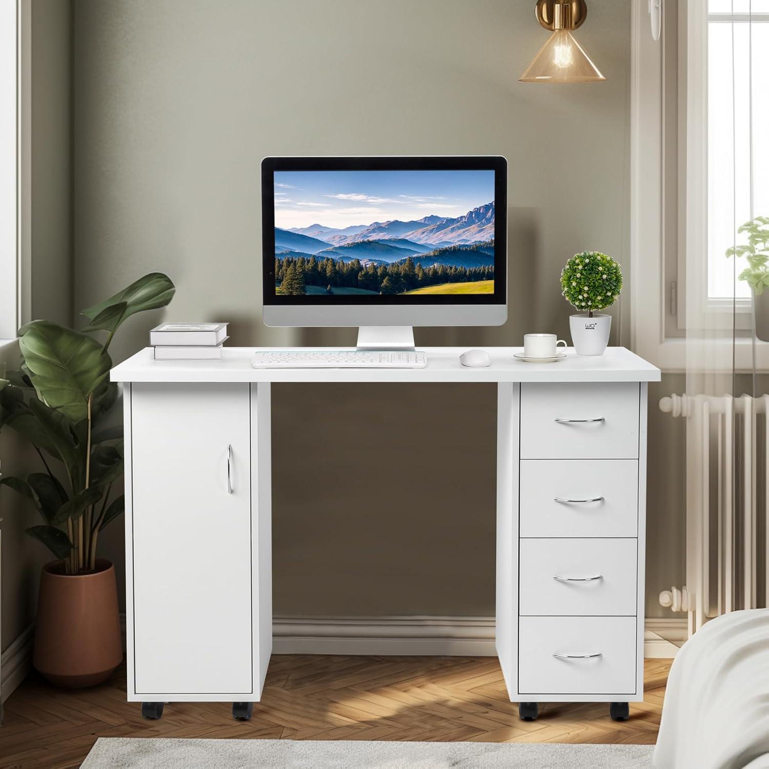 Goujxcy Rolling Nail Table Manicure Table Nail Desk Station, Beauty Salon Nail Station Desk Nail Art Equipment with 4 Drawers & Large Cabinet & Wrist Rest,White