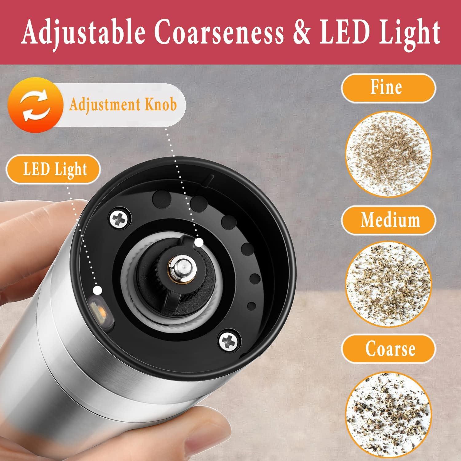 MODERN WALLS LLC Electric Salt And Pepper Grinder Set - USB Rechargeable - Durable Modern Style - Automatic Black Peppercorn & Sea Salt Spice Mill Set With Adjustable Coarseness & LED Light Refillable