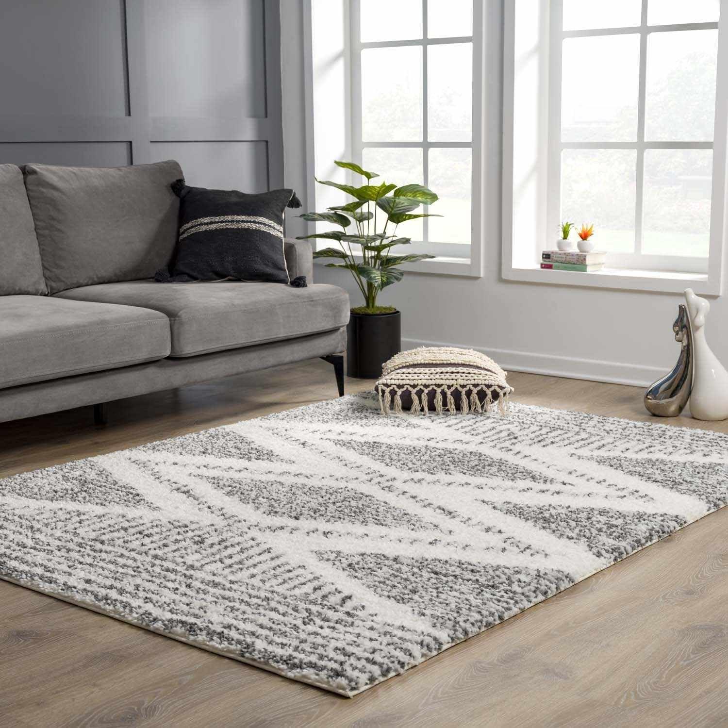 Hauteloom Trunding Moroccan Farmhouse Living Room Bedroom Shaggy Area Rug - Bohemian Shag Rug - Plush High Pile - Southwestern Boho Soft Carpet - Black, Cream, Grey, Beige - 7'10" x 10'3"