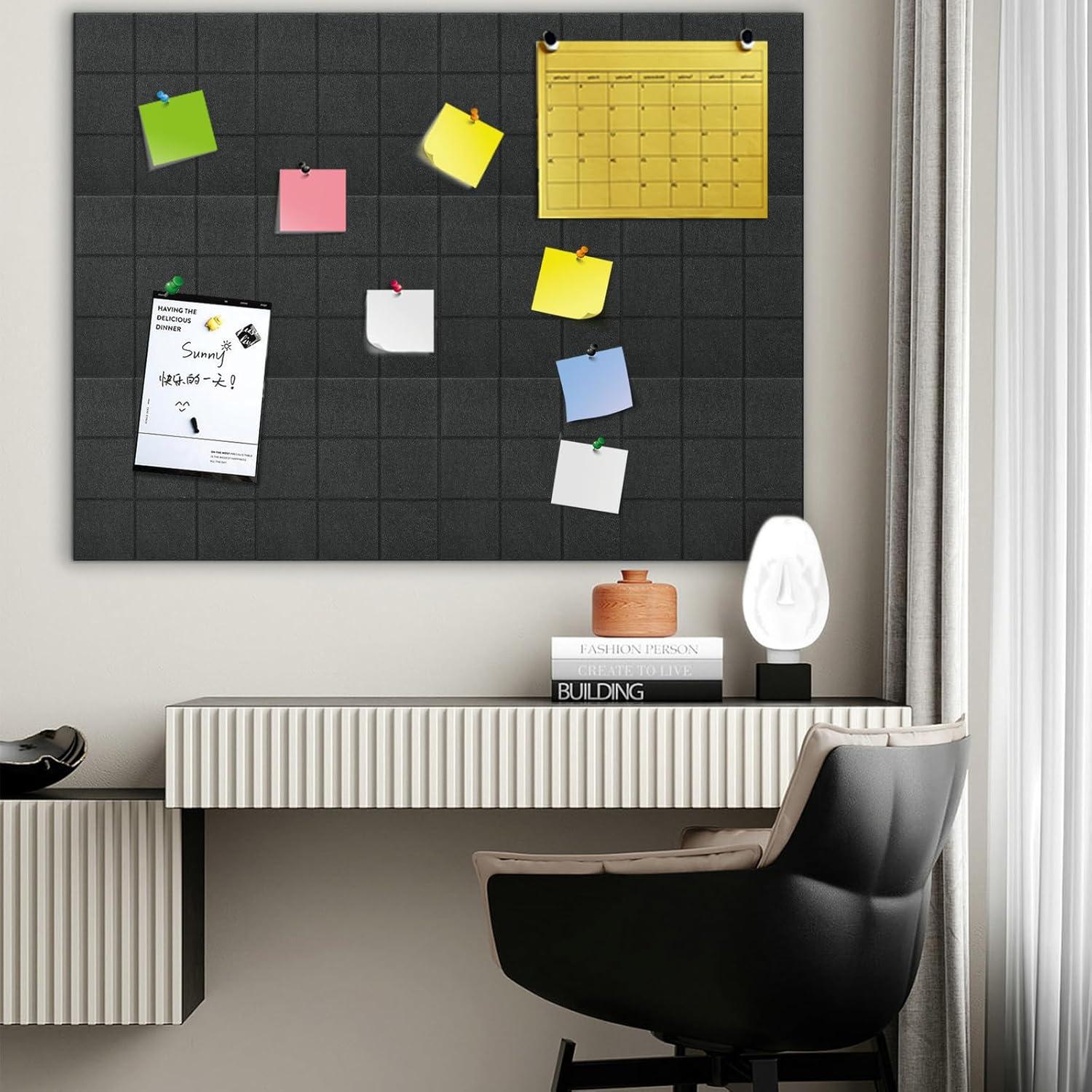 Large Cork Board Alternative 48" x 36", Black Bulletin Board, 12 Pack Felt Wall Tiles With 50 Pushpins, Pin Board Tack Board for Office (Dark Blue)