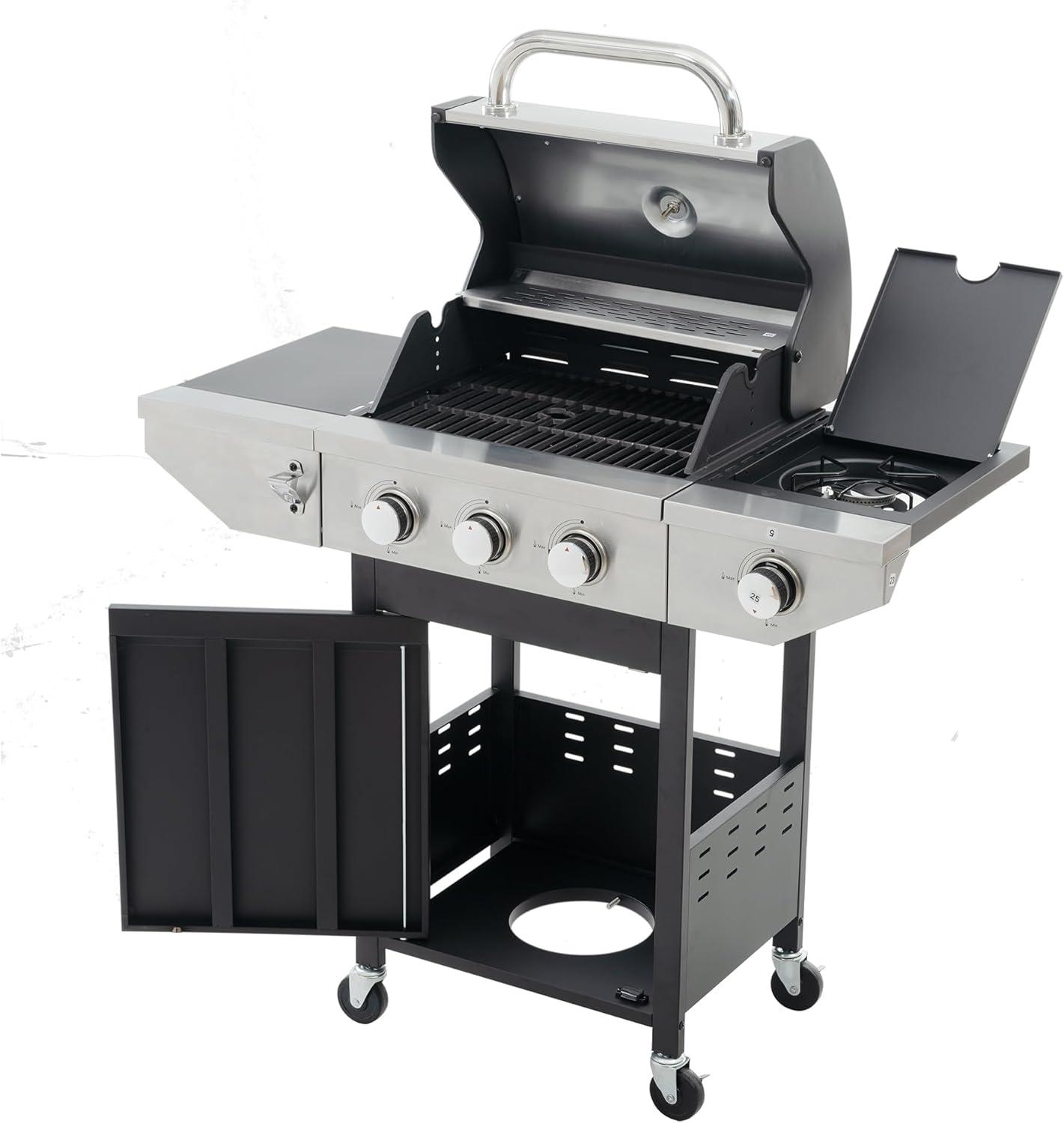 Propane Grill 3 Burner Stainless Steel BBQ Gas Grill with Side Burner, Thermometer, and Even Heating Cast Iron Grates for Outdoor BBQ and Camping