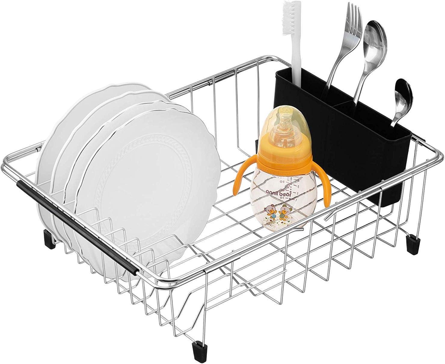 Expandable Stainless Steel Dish Drying Rack with Utensil Holder