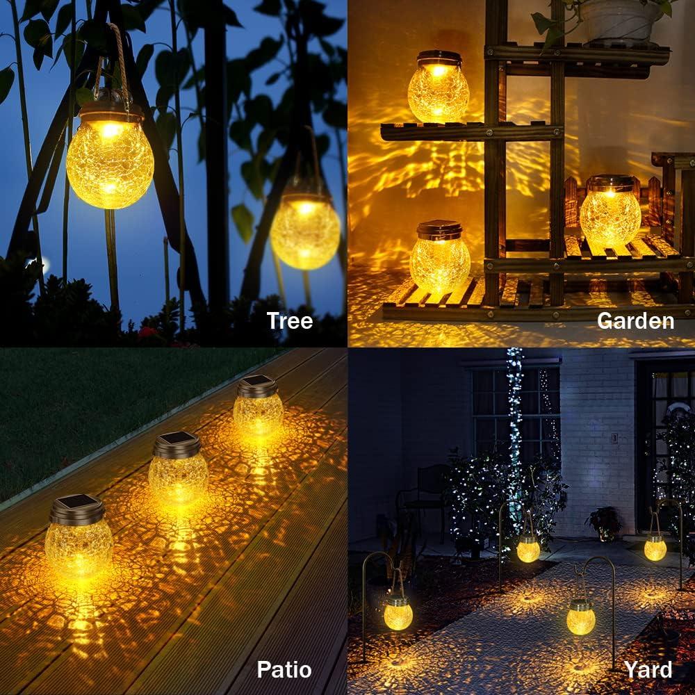 Amber Crackle Glass Solar Lanterns with Rope Handle, 2 Pack