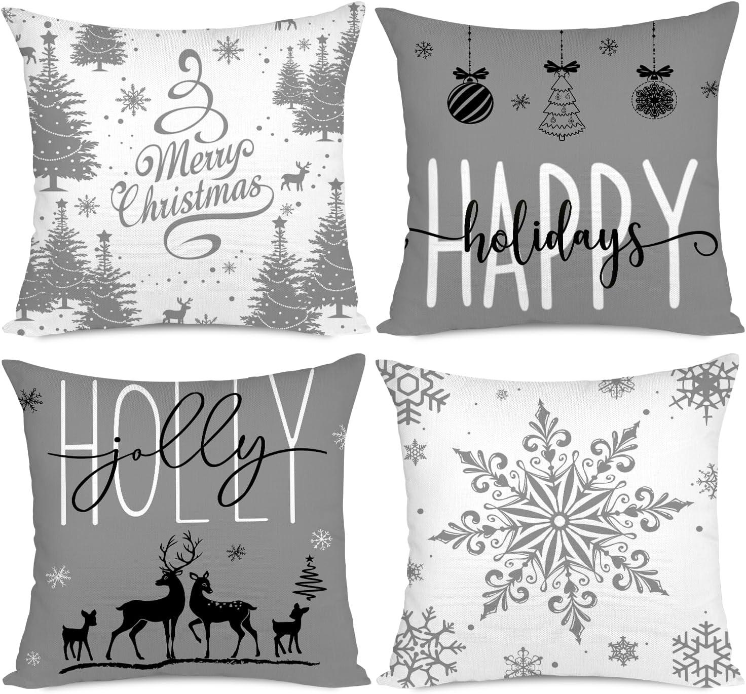 Gray and White Polyester Euro Christmas Pillow Covers Set of 4