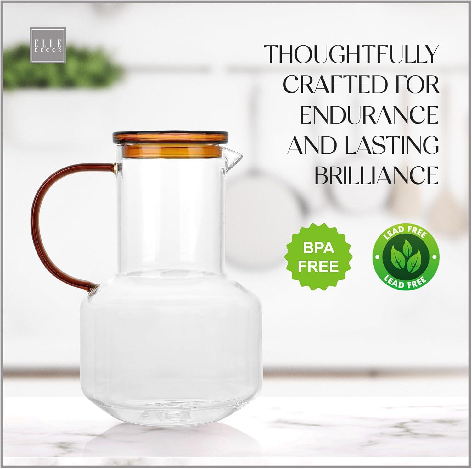 Elle Decor Glass Pitcher with Amber Lid, 48-Ounce Durable Borosilicate Glass Water Pitcher with Lid and Spout