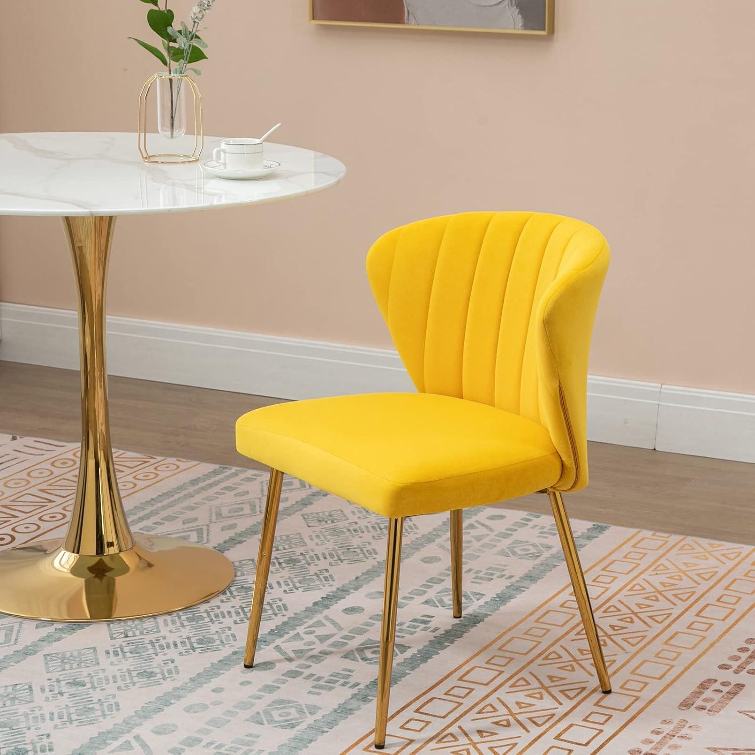 Yellow Velvet Upholstered Side Chair with Gold Legs, Set of 2