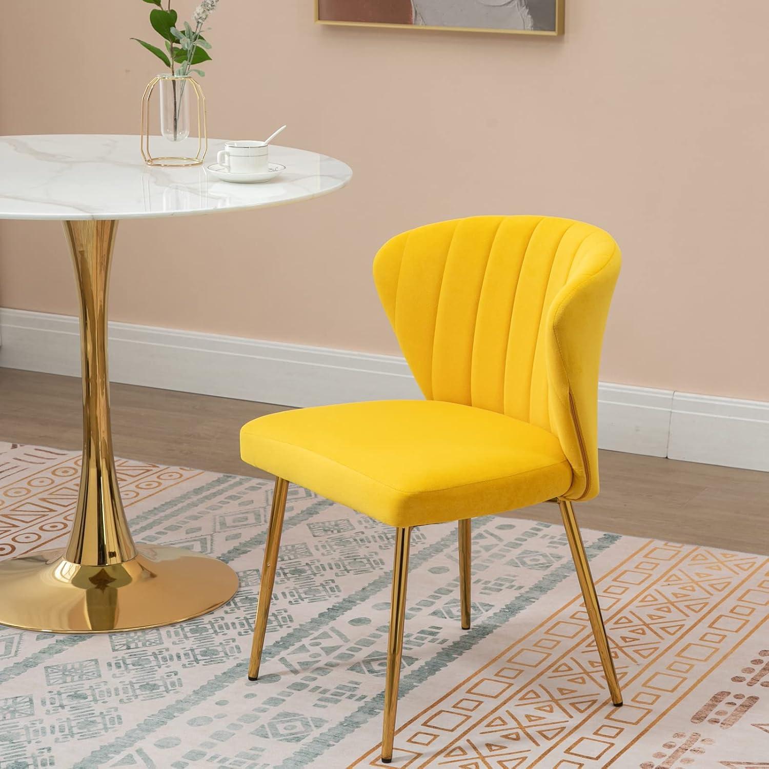 ANOUR Modern Dining Chairs, Velvet Accent Chair, Living Room Chairs, Set of 2, Upholstered Side Chair with Golden Metal Legs for Dining Room Kitchen Vanity Patio (Yellow, 2 Pack)