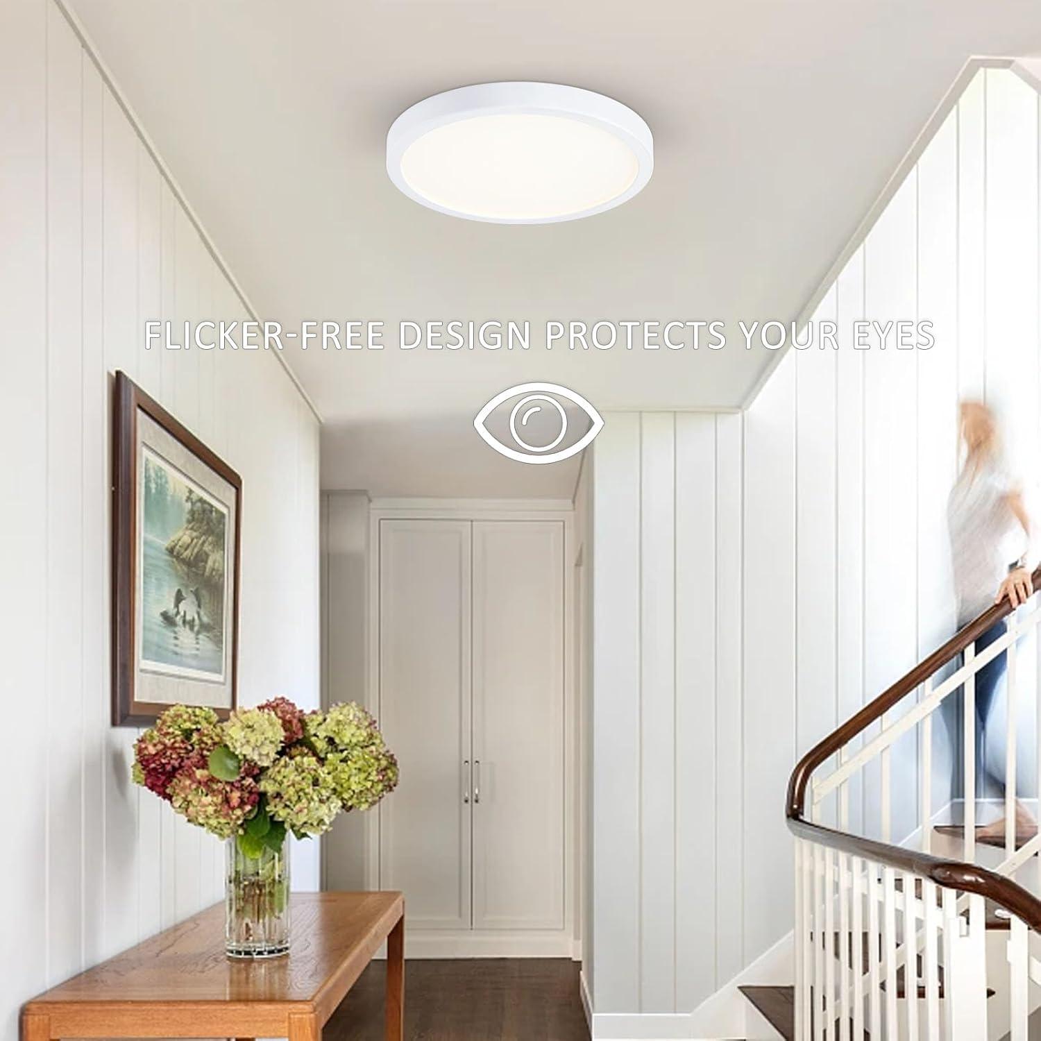 10 Inch LED Flush Mount Ceiling Light, Slim Dimmable Round Ceiling Light Flush Mount for Kitchen, Bedroom, Metal and Glass, Low Ceiling, White, 17W, 3000K