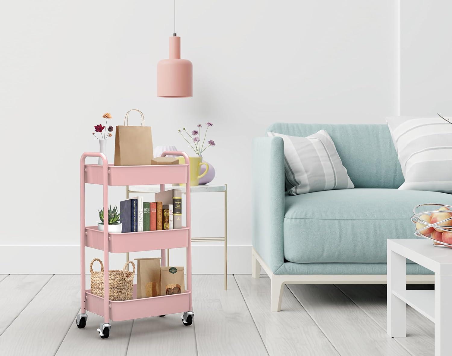 Pink 3-Tier Metal Rolling Utility Cart with Mesh Baskets