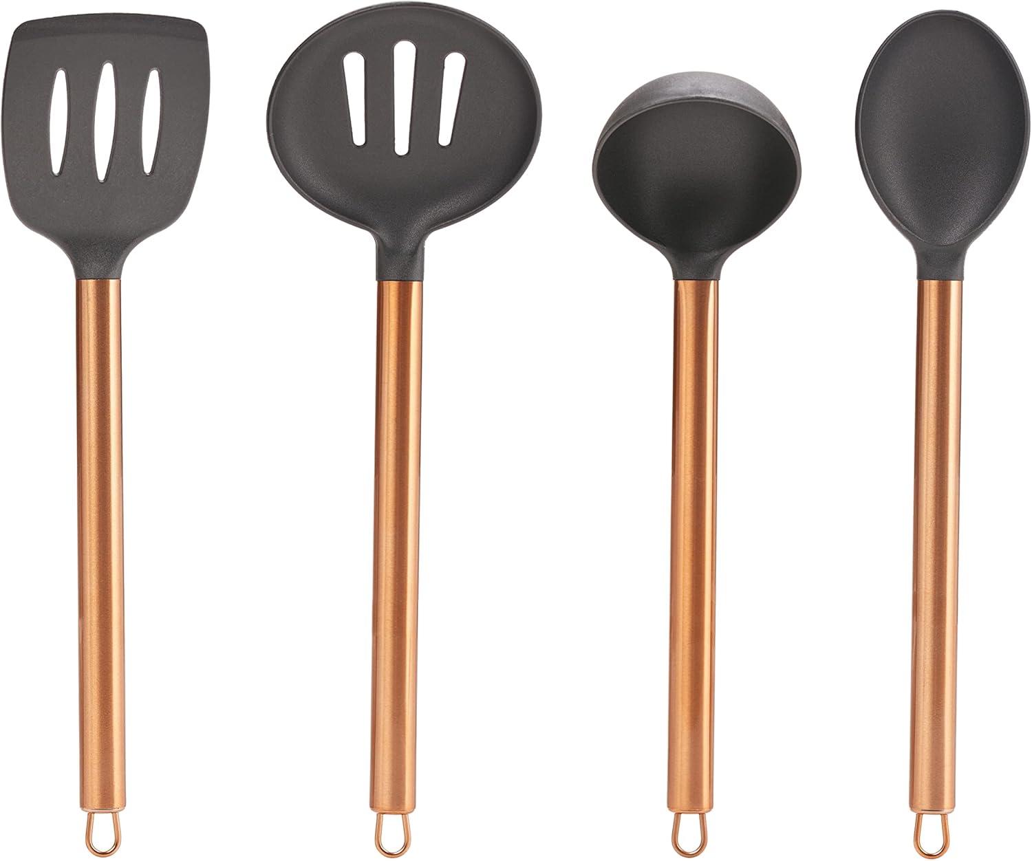 Servappetit 5 Pc Cooking Utensil Set - Slotted Spatula, Oval Spoon, Round Spoon with Holder - Heat Resistant, Non-Stick - Copper