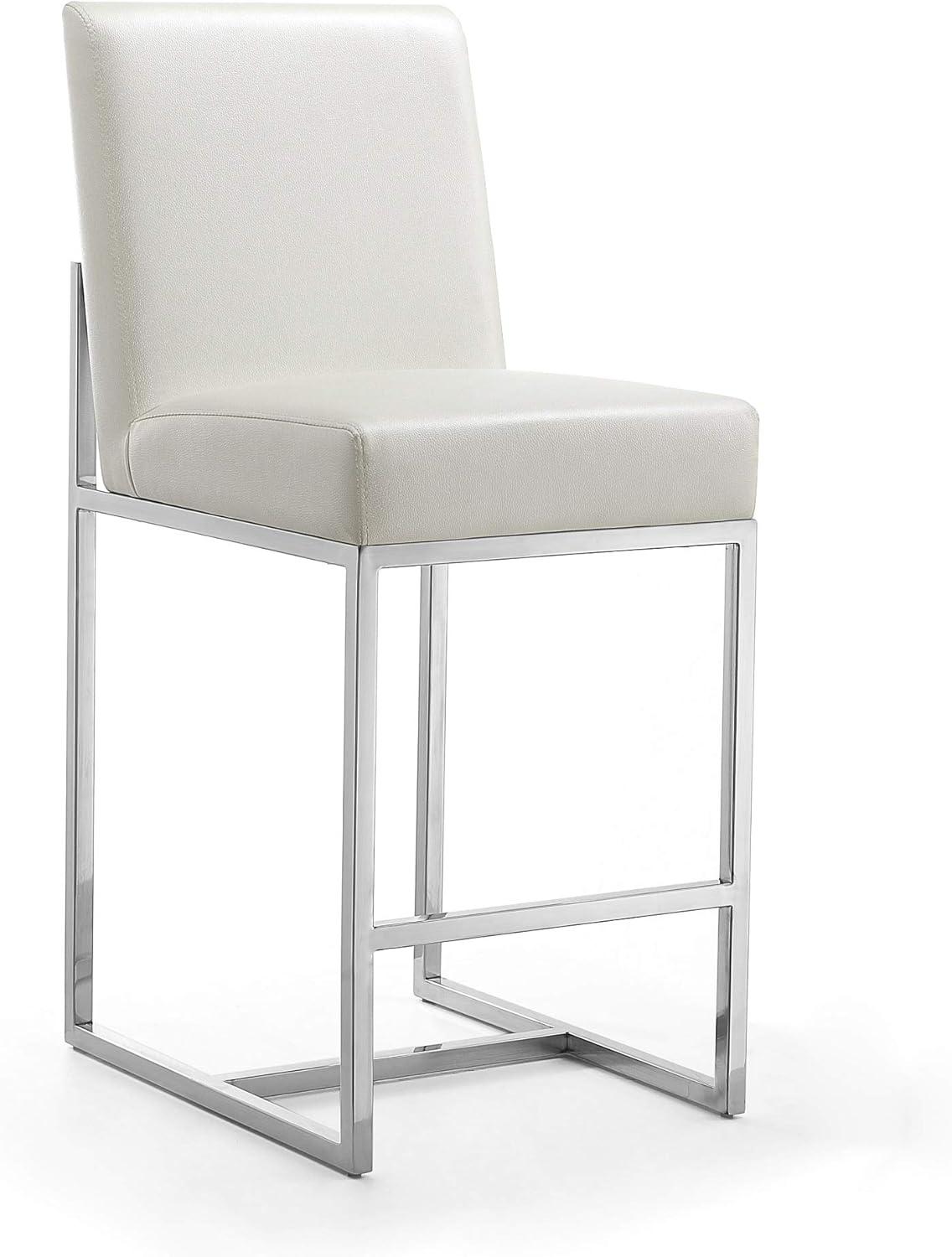 Manhattan Comfort Set of 3 Element Upholstered Stainless Steel Counter Height Barstools Pearl White: Faux Leather, No Assembly Required