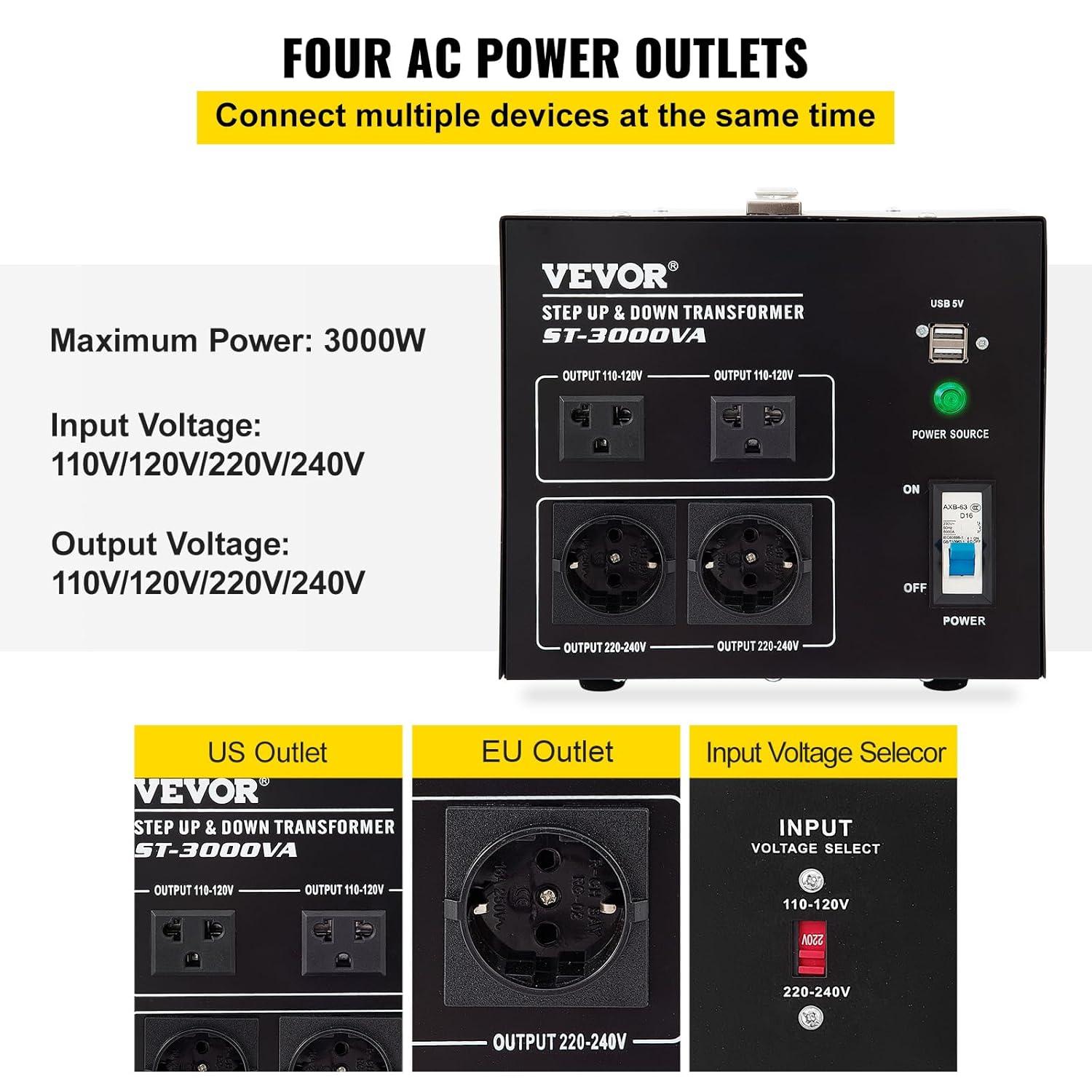 VEVOR 3000W Black Step Up/Down Voltage Transformer with USB Port