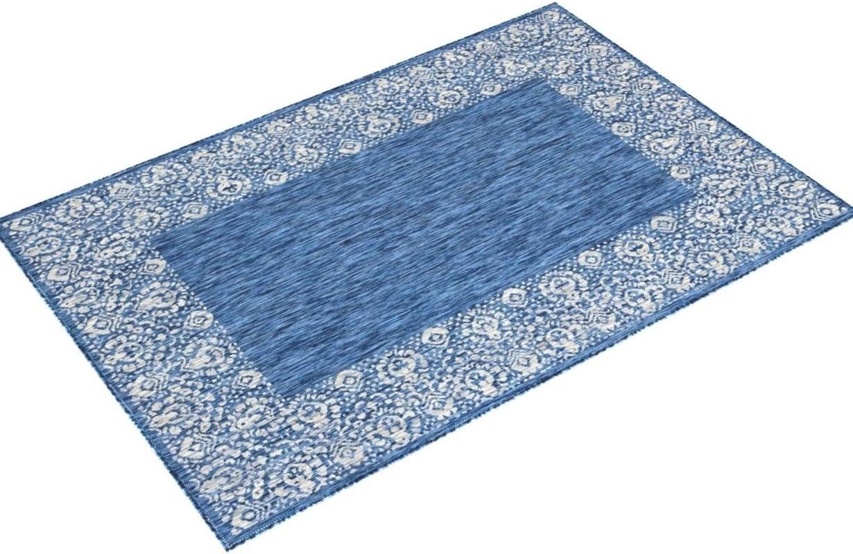 Unique Loom Outdoor Border Collection Area Rug - Floral Border (6' 1" x 9' Rectangle Blue/Ivory)