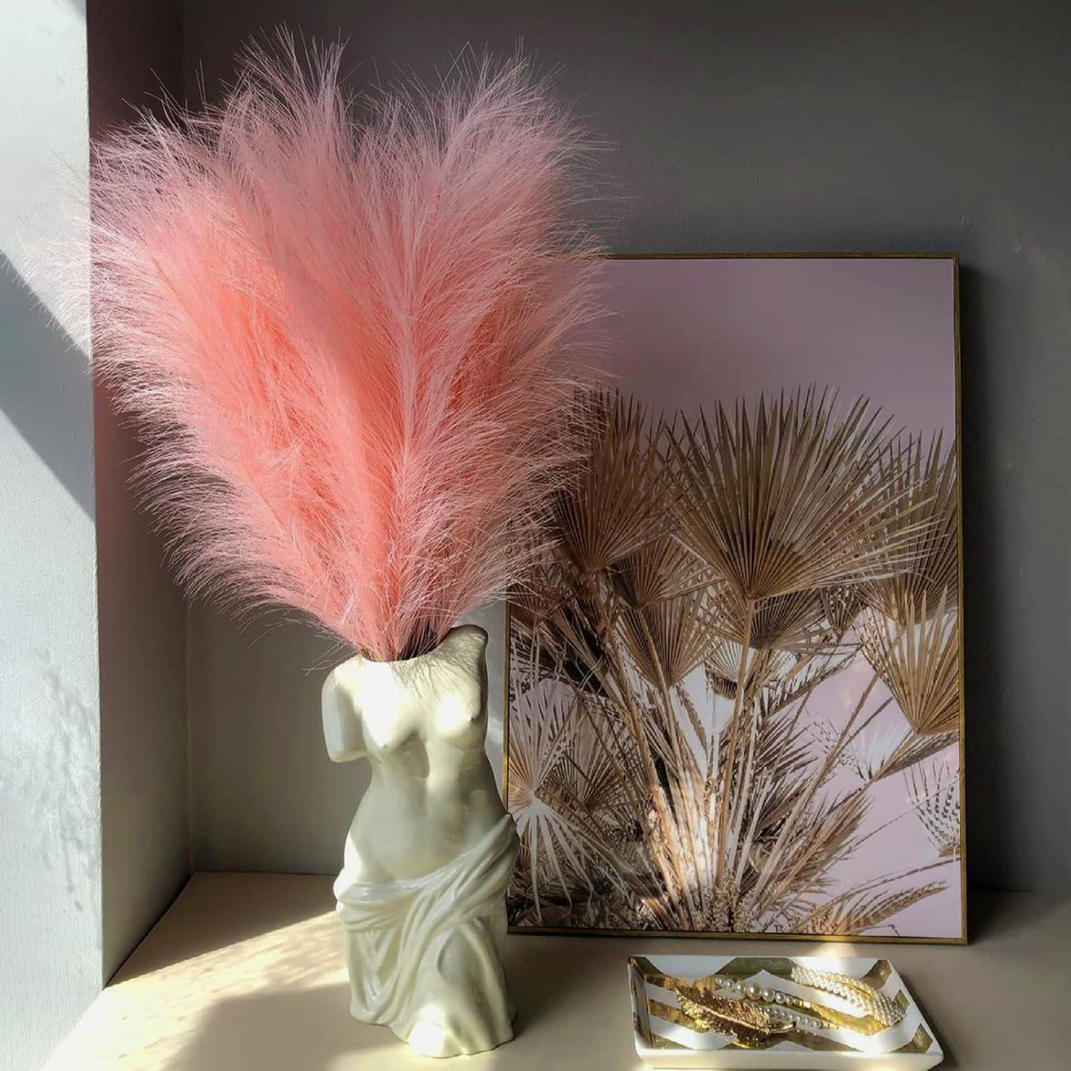 Faux Pampas Grass, Pink Pampas Grass Decor,7 Branches | Each Stem Fluffy Small Pompous Grass for Vase Filler in Table Vase Decor for House, Office, Boho Wedding Flower (Pink, 7PCS 24 inch)