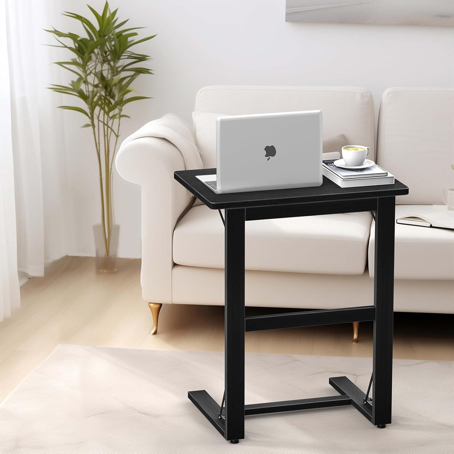 24'' Wide Folding C Shaped End Table, Small Sofa Side Laptop Desk, Couch TV Tray Table for Living Room, Bedroom, Bamboo, Black