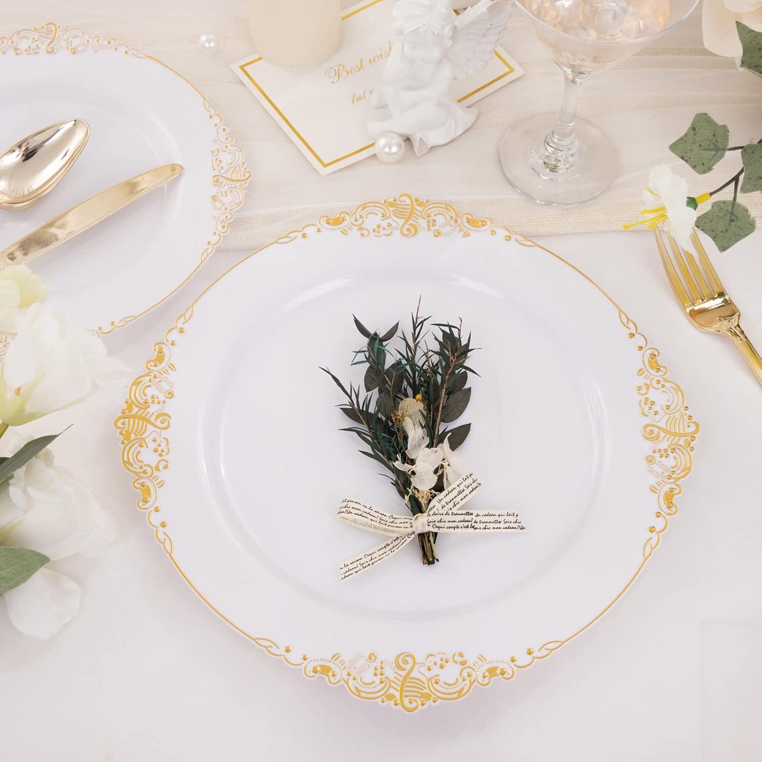 Elegant White and Gold 10.25" Plastic Dinner Plates Set