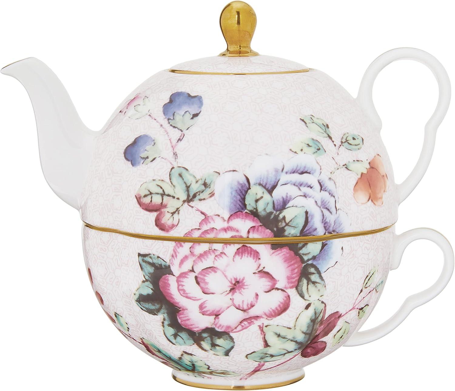 Floral Multicolor Bone China Teapot and Teacup Set