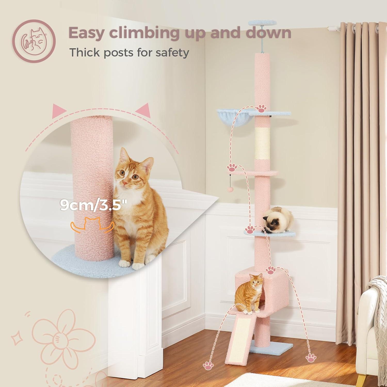 Adjustable Height Floor To Ceiling 5-Tier Tall Cat Tree Tower For Indoor Cats With Cat Condo, Cat Scratching Post And Cat Ladder