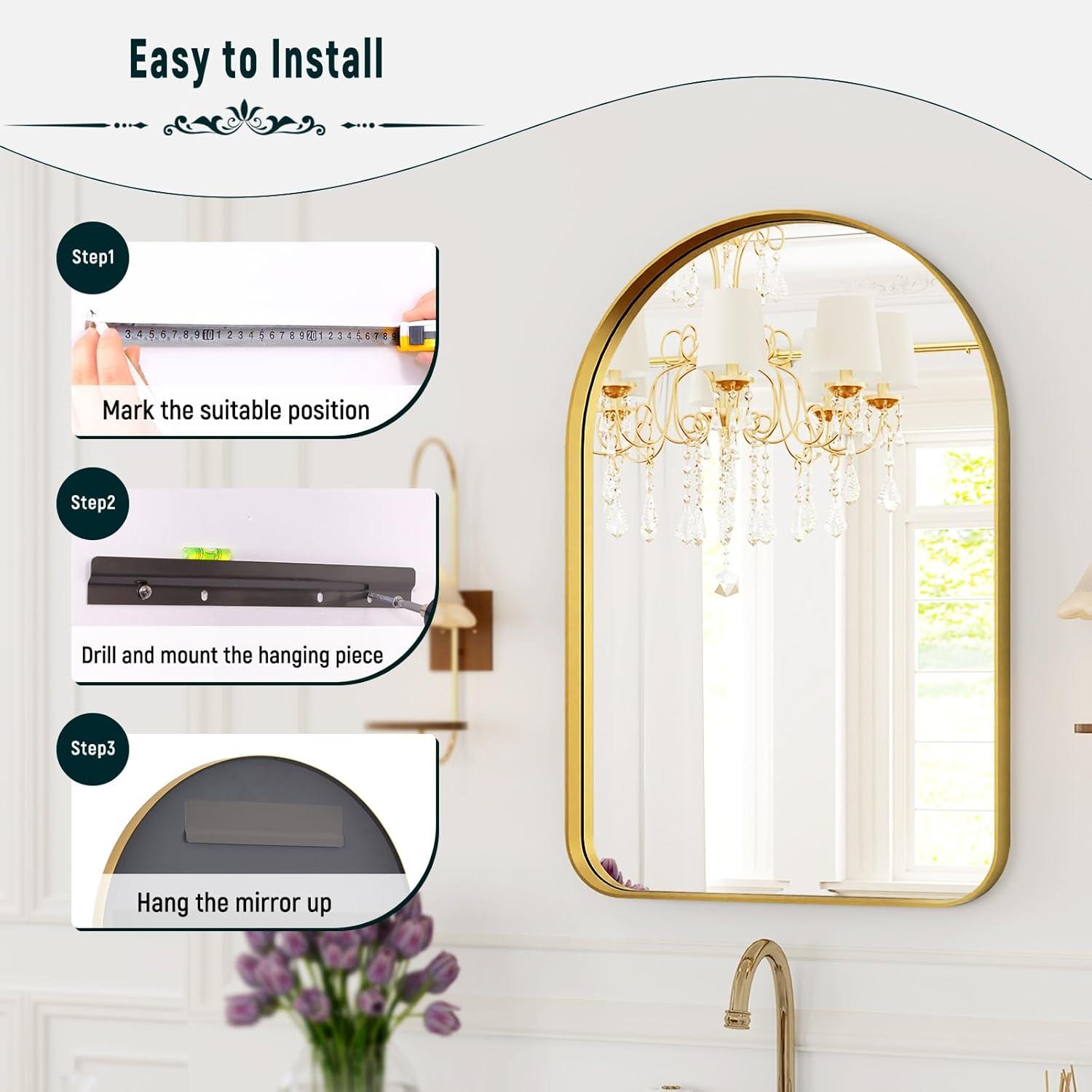 Wall Mounted Mirror, XXZH Arch Bathroom Mirror, Black Vanity Wall Mirror w/Metal Frame for Bedroom, Entryway, Living Room