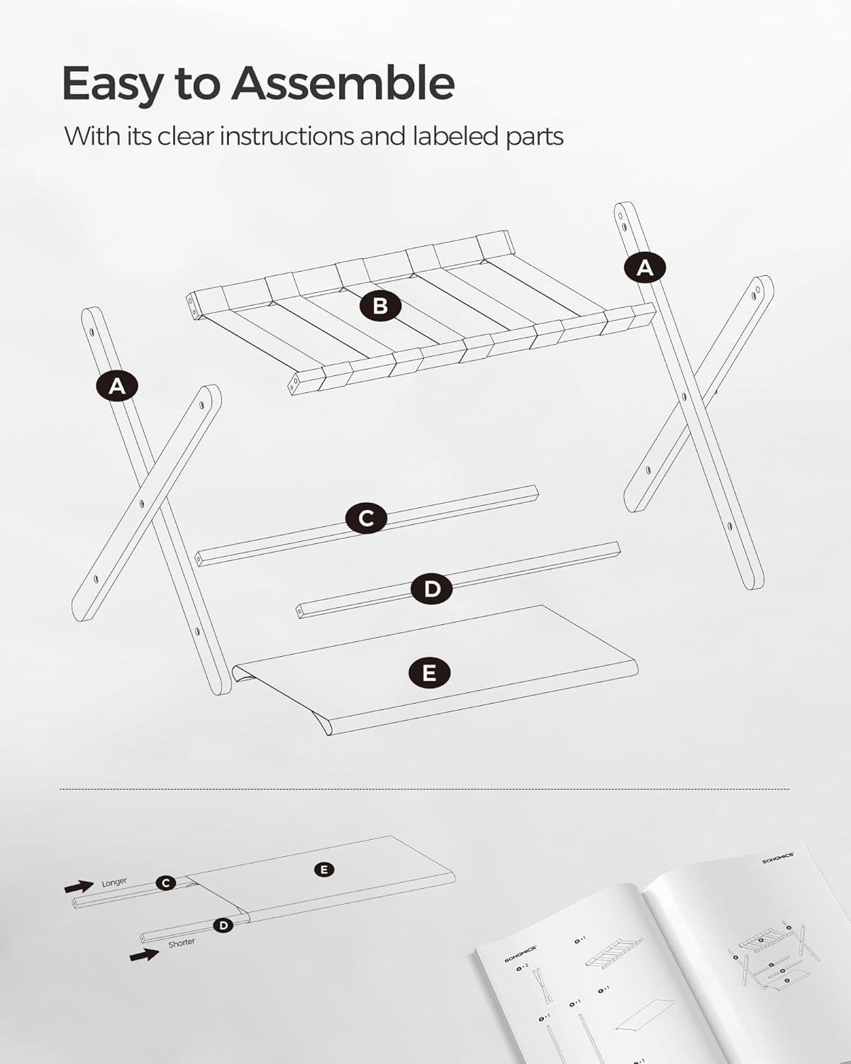 SONGMICS Bamboo Luggage Rack Foldable Suitcase Stand with Fabric Storage Shelf for Guest Room Hotel Bedroom Holds up to 131 lb Chestnut Brown