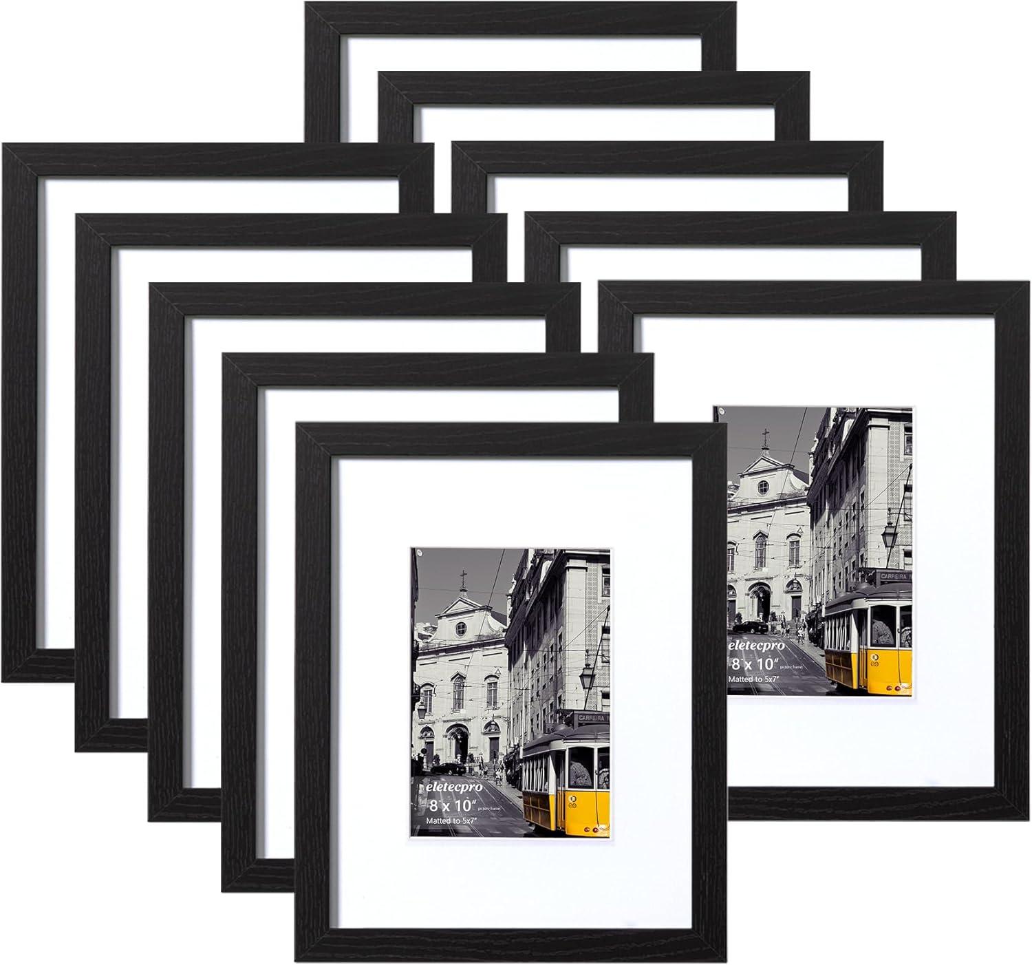 Set of 10 Black 8x10 Picture Frames with White Mat