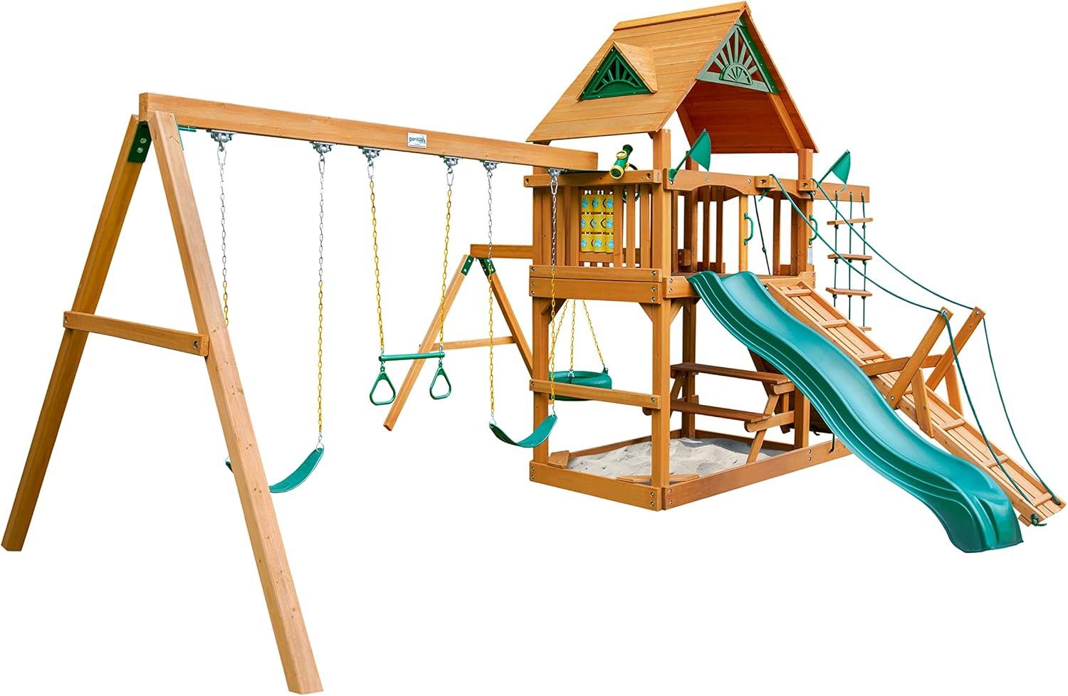 Gorilla Playsets Frontier Wooden Swing Set with Tire Swing, 2 Belt Swing, and Built-in Picnic Table