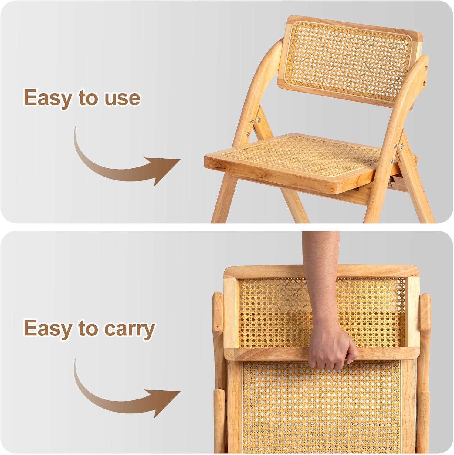 Karl home Wooden Rattan Folding Chairs 2 Pack, Portable Folding Chairs for Indoor, Ideal for Kitchen Dining Room, Office Wedding, Party, Picnic, Natural