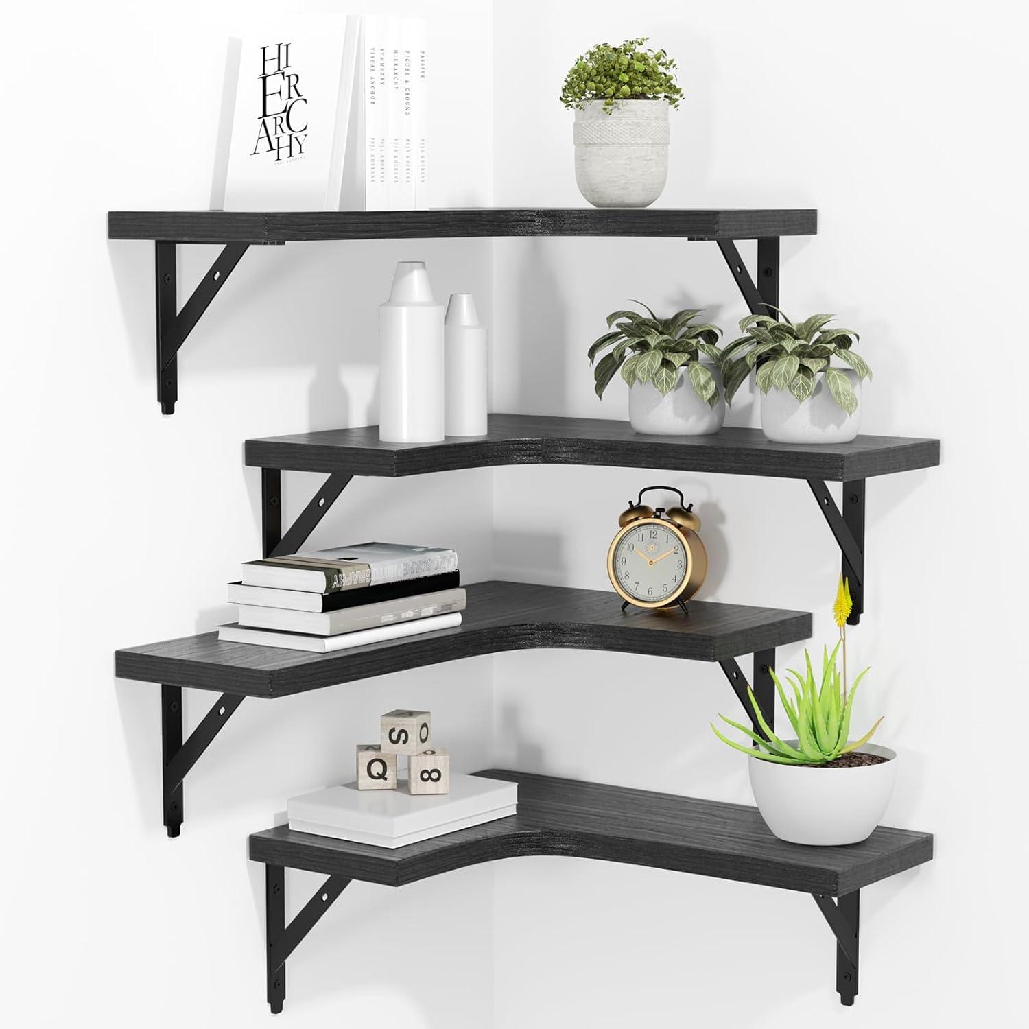 Black Rustic Wood L-Shaped Corner Floating Shelves, Set of 4