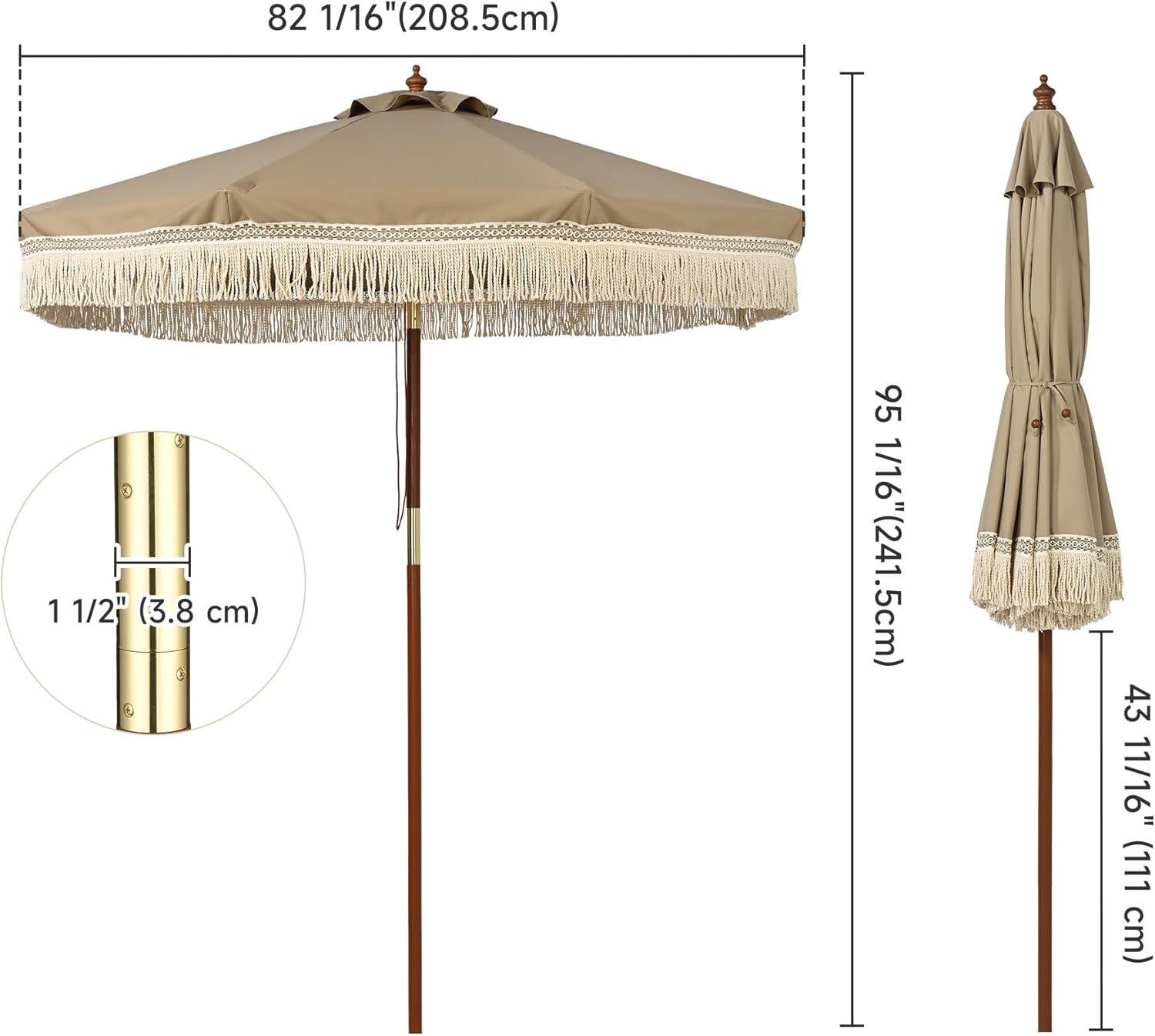 LAGarden BOHO 9' Fringe Patio Umbrella with Tassels UPF50+ Boho Style 5-Year-Non-Fading for Outdoor Yard Market Mocha Meander brown