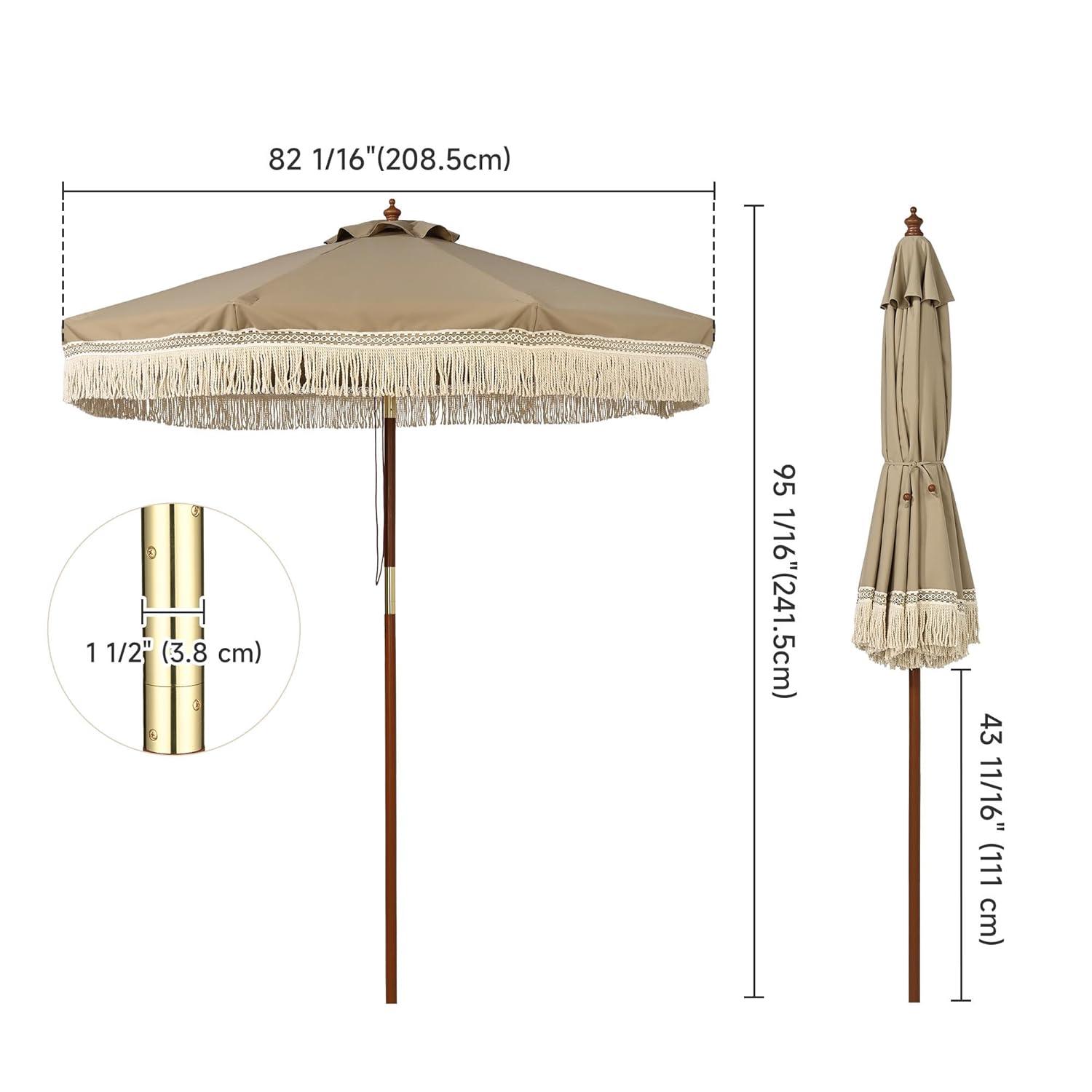 LAGarden BOHO 9' Fringe Patio Umbrella with Tassels UPF50+ Boho Style 5-Year-Non-Fading for Outdoor Yard Market Mocha Meander brown