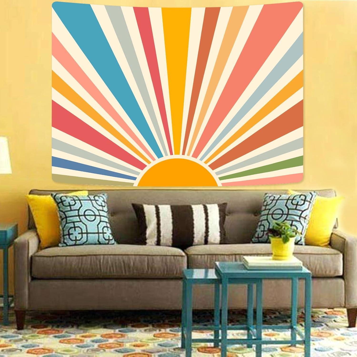 Vintage Sun Tapestry Bohemia Wall Hanging Retro 70s Rainbow Sunrise Sunset Geometric Grunge Abstract Art Print Hippie Decor for Dorm Nursery Bedroom