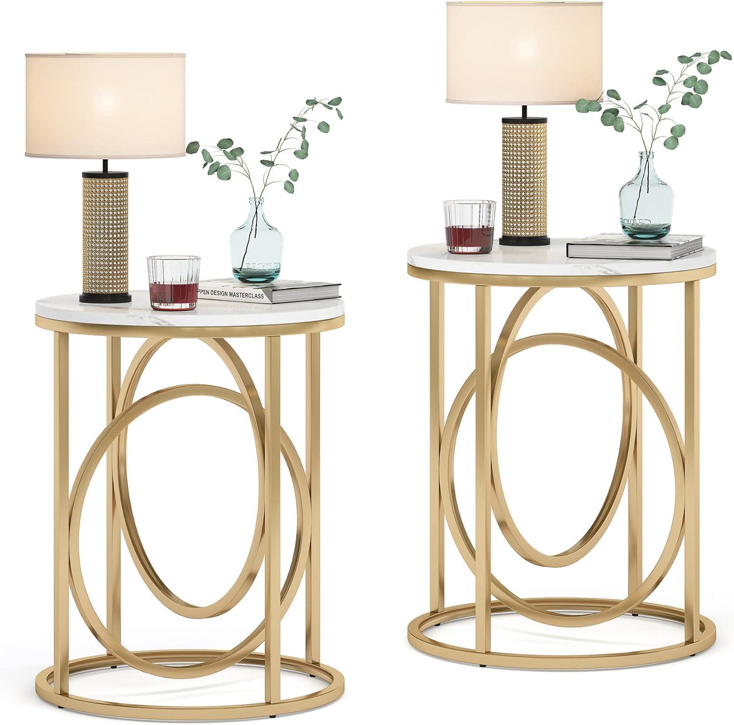 Tribesigns Morden Round End Table with Faux Marble White Top, 20" Sofa Side Table Coffee Table Cocktail Table with Unique Gold O-shaped Base for Living Room Bedroom