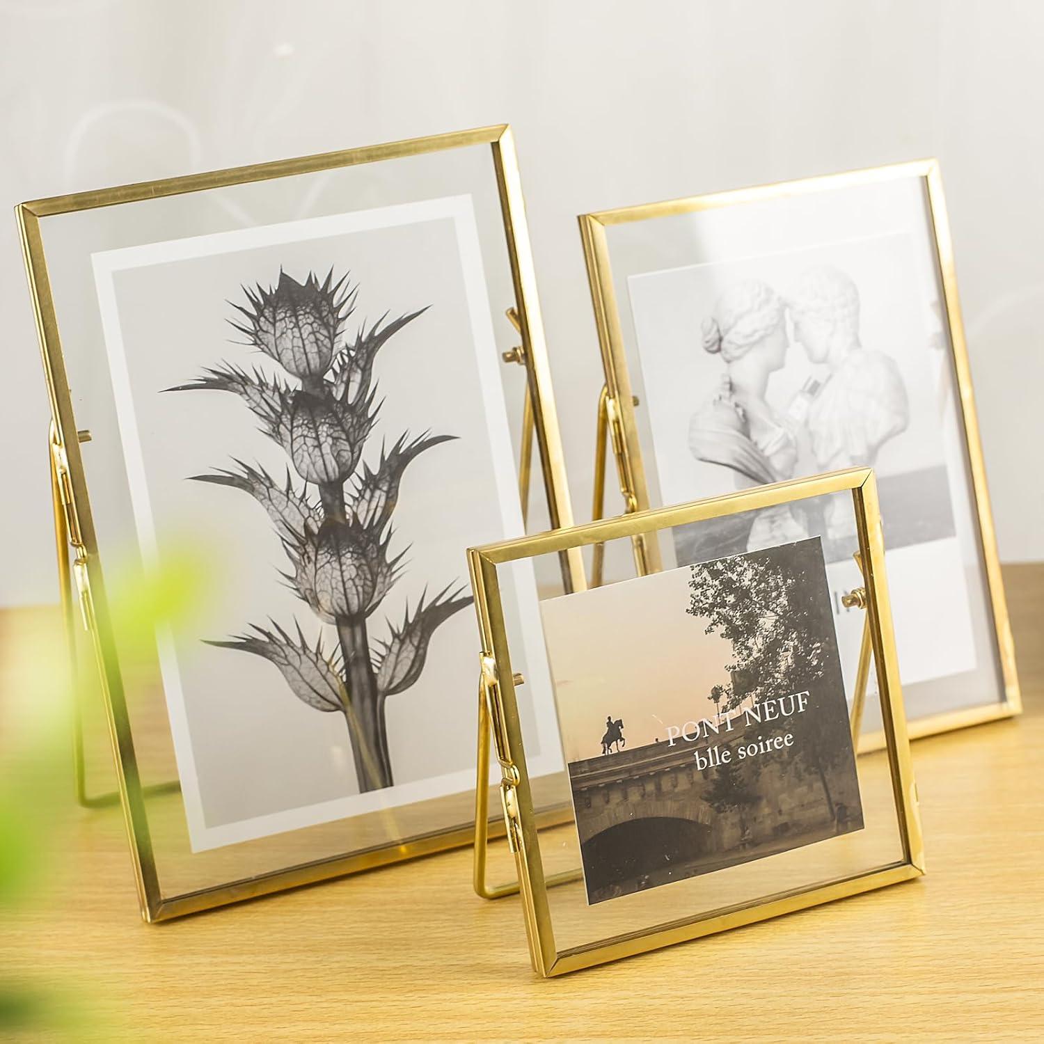 Gold Metal Floating Glass Picture Frames Set, 4x4, 4x6, 5x7