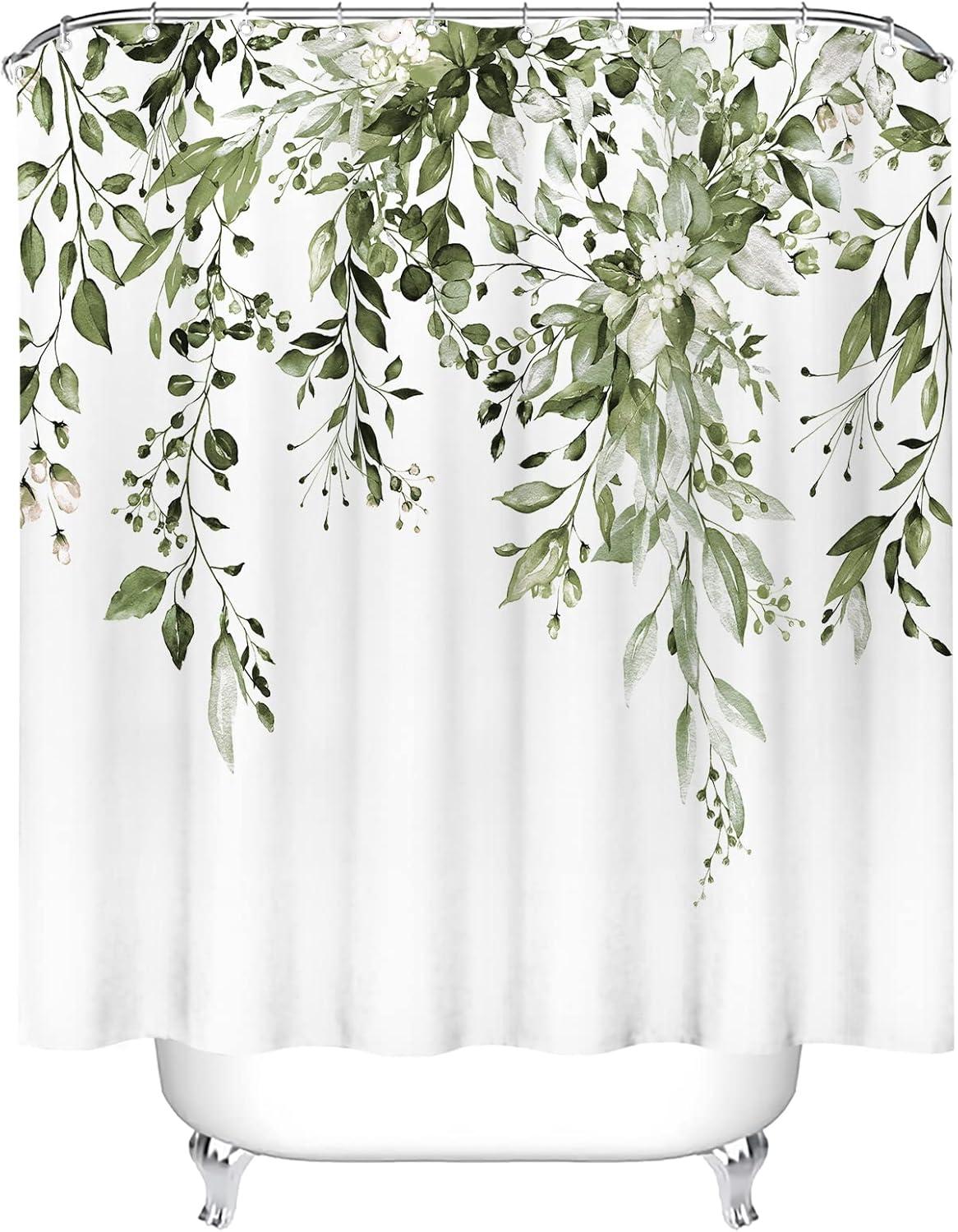 Eucalyptus Watercolor Leaves Semi-Sheer Waterproof Shower Curtain