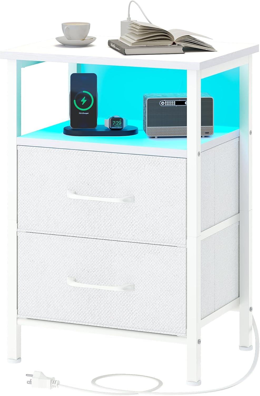 End Table with Charging Station, Narrow Side Table with 2 Fabric Drawers, Skinny Nightstand with LED Light, Slim Bedside Table for Bedroom, Living Room, Small Spaces, White