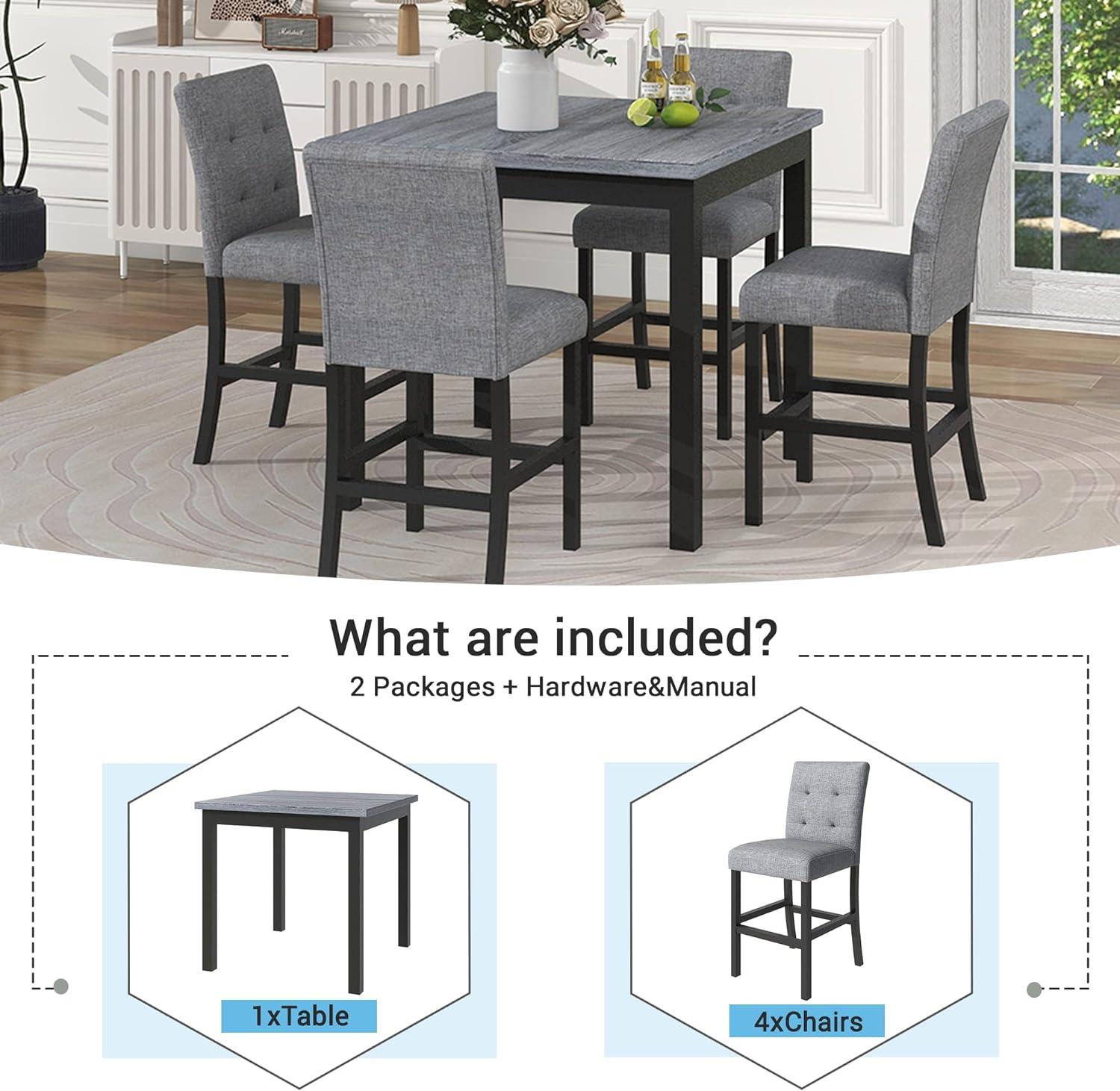 5-Piece Counter Height Dining Set, Includes 1 Solid Wood Table and 4 Upholstered High-Back Chairs w/Footrest for Kitchen, Diningroom, Living Room, Easy to Assemble