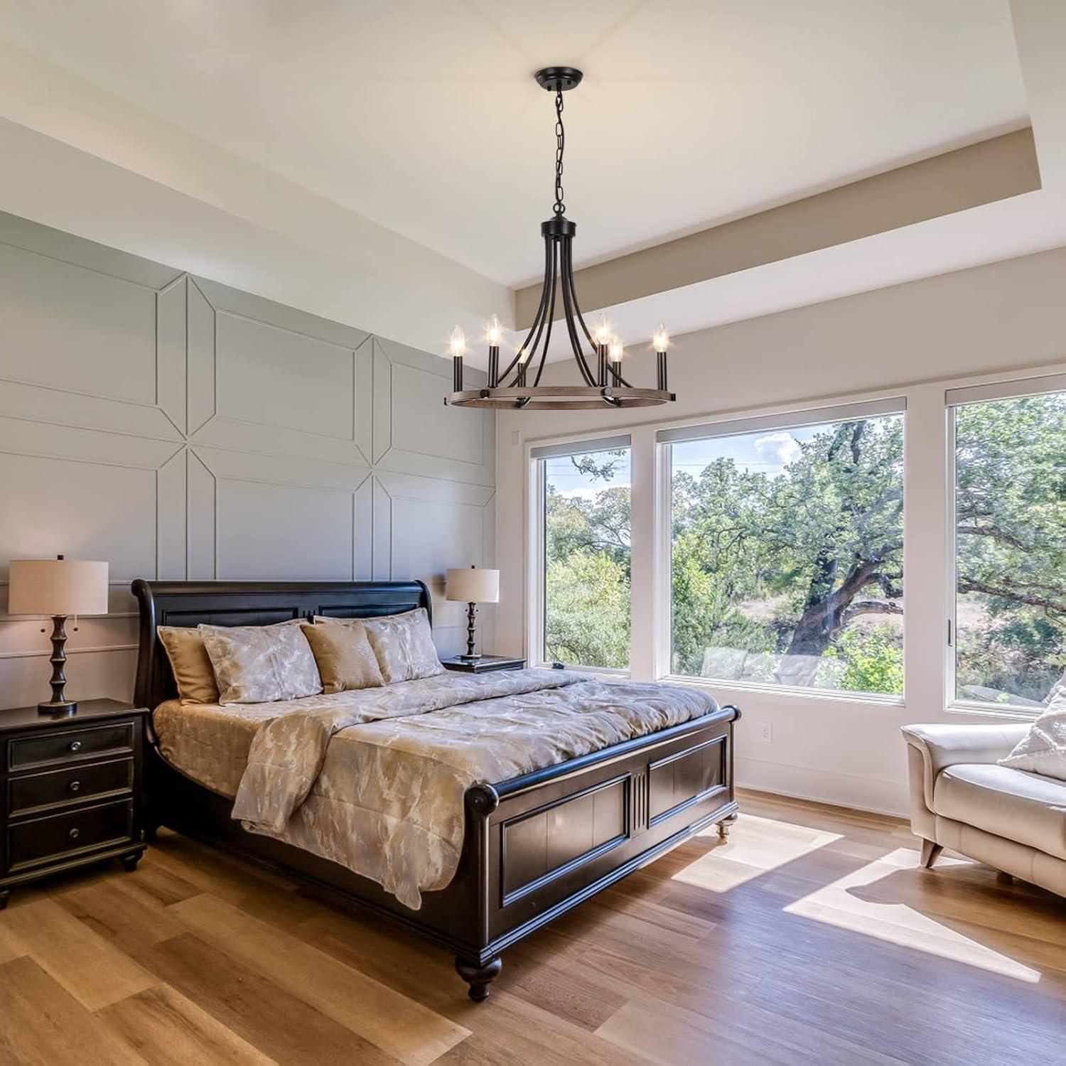 4-Light Black Modern Adjustable Height Light Fixture Wagon Wheel Chandelier