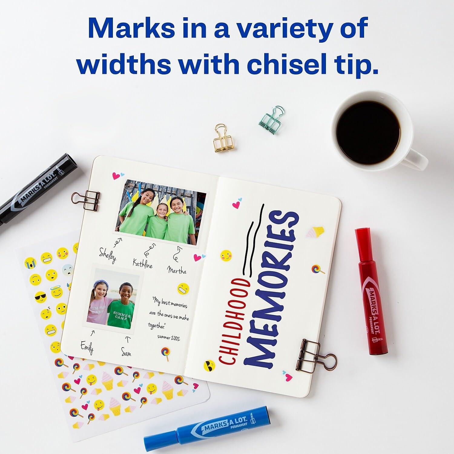 Avery Marks A Lot Permanent Markers, Regular Desk-Style, Asstd, 4/PK Regular Marker Point - Chisel Marker Point Style - Black, Blue, Red - Black, Blue, Red Barrel - 4 / Pack