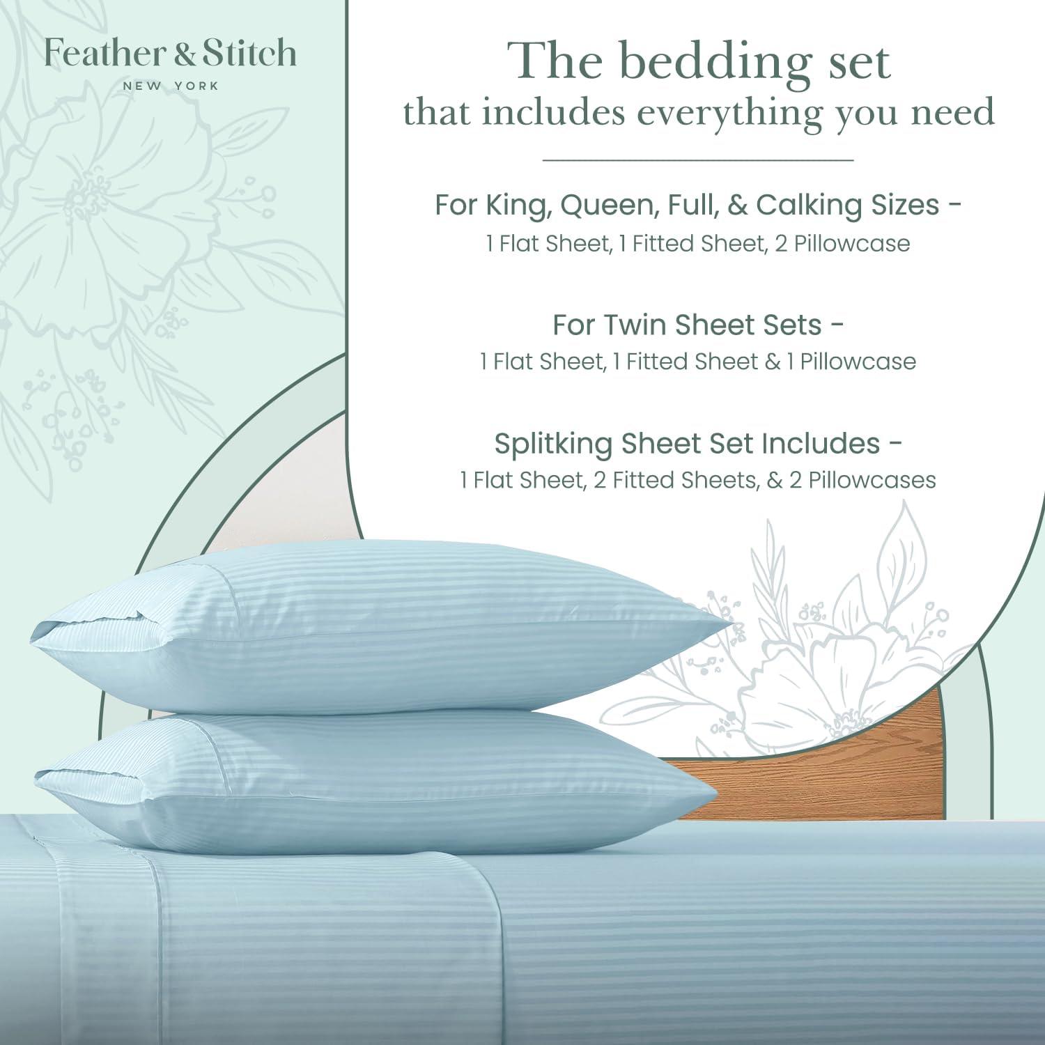 Feather & Stitch 500 TC Queen Size Damask Bed Sheet Set, 100% Cotton Soft Breathable Bedsheets, 4 Piece 18" Deep Pockets Sateen Weave Striped Bedding Mattress Resort Hotel Luxury- (Solid White, Queen)